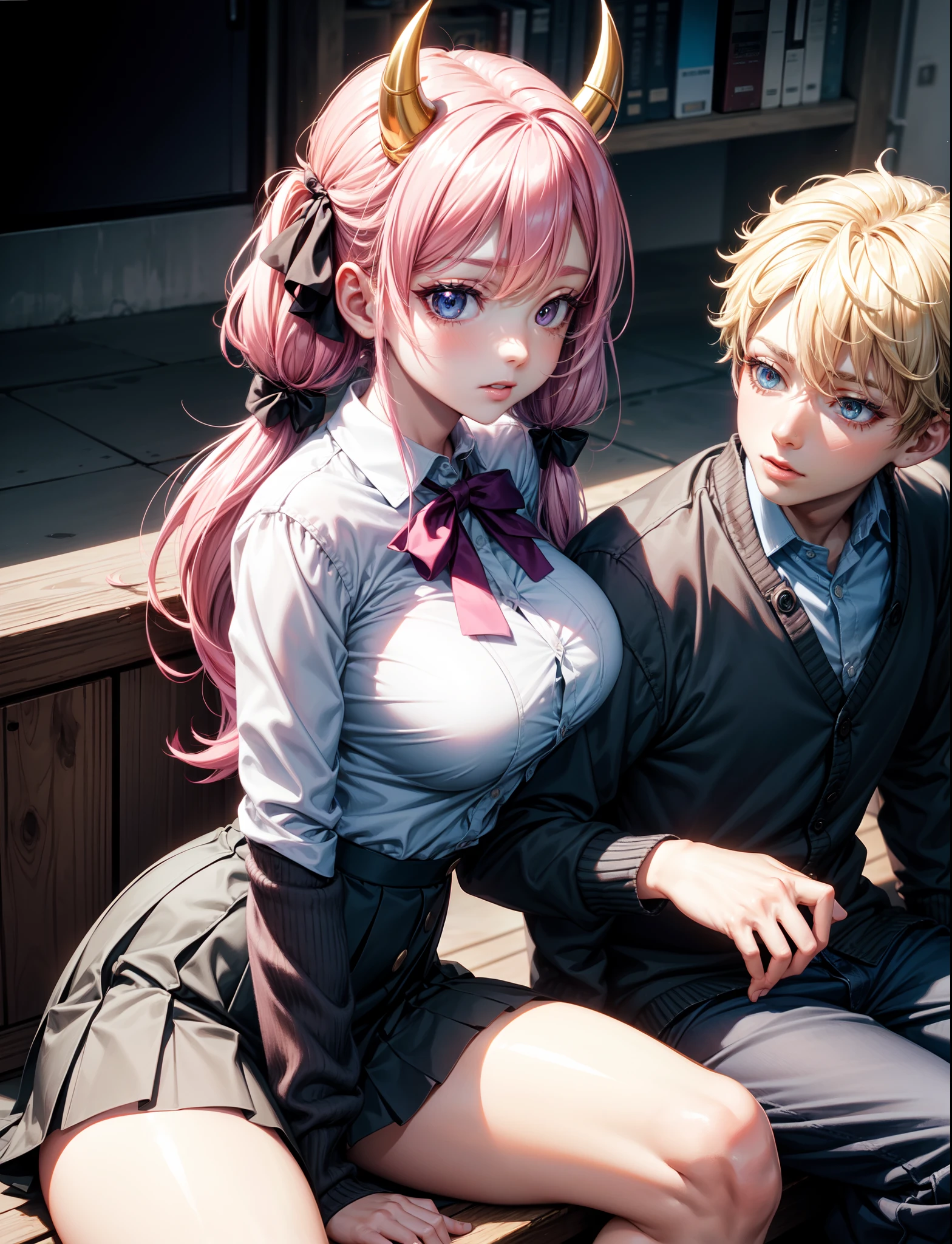 4k, ,Lens flare, pink hair ,mascara, eyeliner, god rays, 4k, 8k, best quality, masterpiece, hyper detailed, intricate detail, 1boy, 1 girl, detailed, Detailed fuchsia hair ++, detailed pink eyes ++, raytracing, perfect shadow, highres, enhanced eyes, huge breasts, horns, seductive, hyper detailed, Dressed in a pleated skirt, a button-up blouse, and knee-high socks, your anime girl exudes a scholarly yet fashionable aura. A cardigan and loafers add a touch of sophistication. Your anime girl adds large ribbon bows at the base of each twin tail. This style is both adorable and attention-grabbing, highlighting her playful nature. she is using a boy as a chair, sitting on a boy, she is sitting on someone, sitting on a man