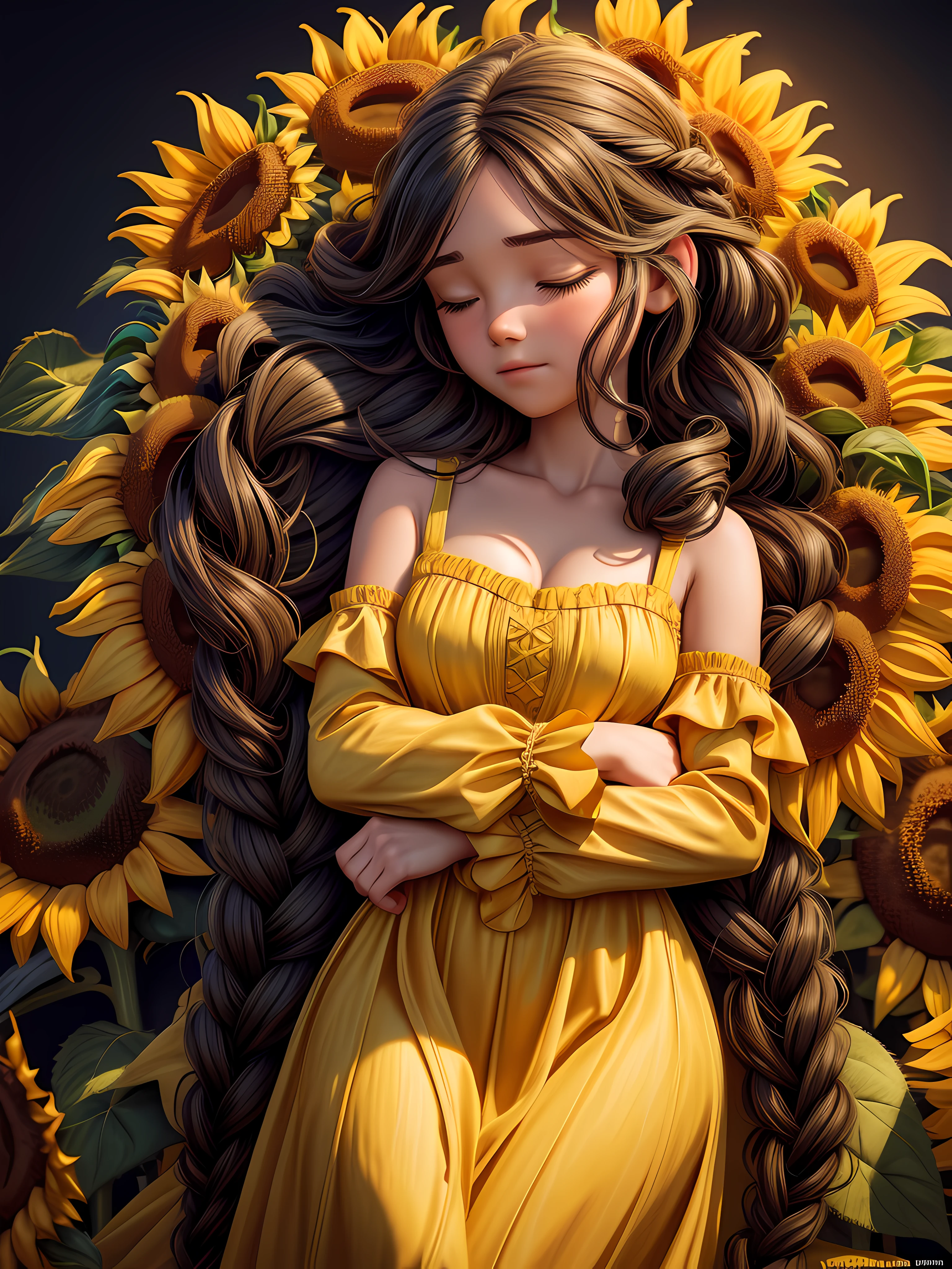 ((girl sleeping on big sunflower)), wearing over long dress, yellow dress, curly black long hair, the two braids over long hair, 8k, RAW photo, best quality, masterpiece, high detail RAW color photo, dramatic lighting, cinematic lighting, back light, professional lighting,