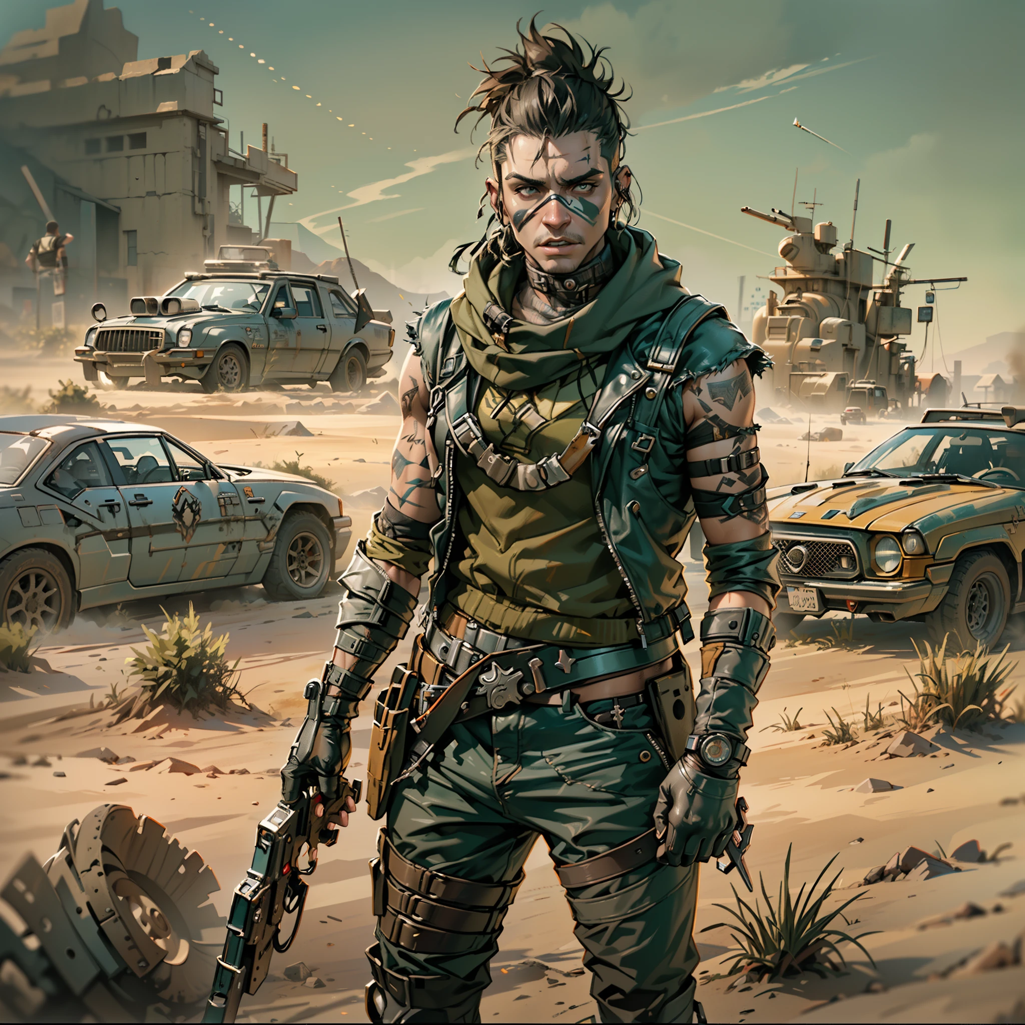 (((hombre, chico joven,,Ropa punk del desierto, Ropa Mad Max,Paramo clothing))), ropa , Abs, musculoso, atractivo, Pose ruda, Hay un hombre sosteniendo una pistola y una pistola en la mano, Mad Max con una pistola, concept art digital illustration, Estilo de arte dieselpunk, Post-apocalyptic explorer, illustration concept art, epic fantasy sci fi illustration, Arte conceptual digital de alta calidad, epic scifi character art, Symmetrical dieselpunk warrior, soldado dieselpunk, Arte conceptual de pintura digital,(((Estilo Borderlands))) cuerpo, ropa, , In a desolate wasteland,(((una caravana del desierto con soldados gritando y maldiciendo enfados)))