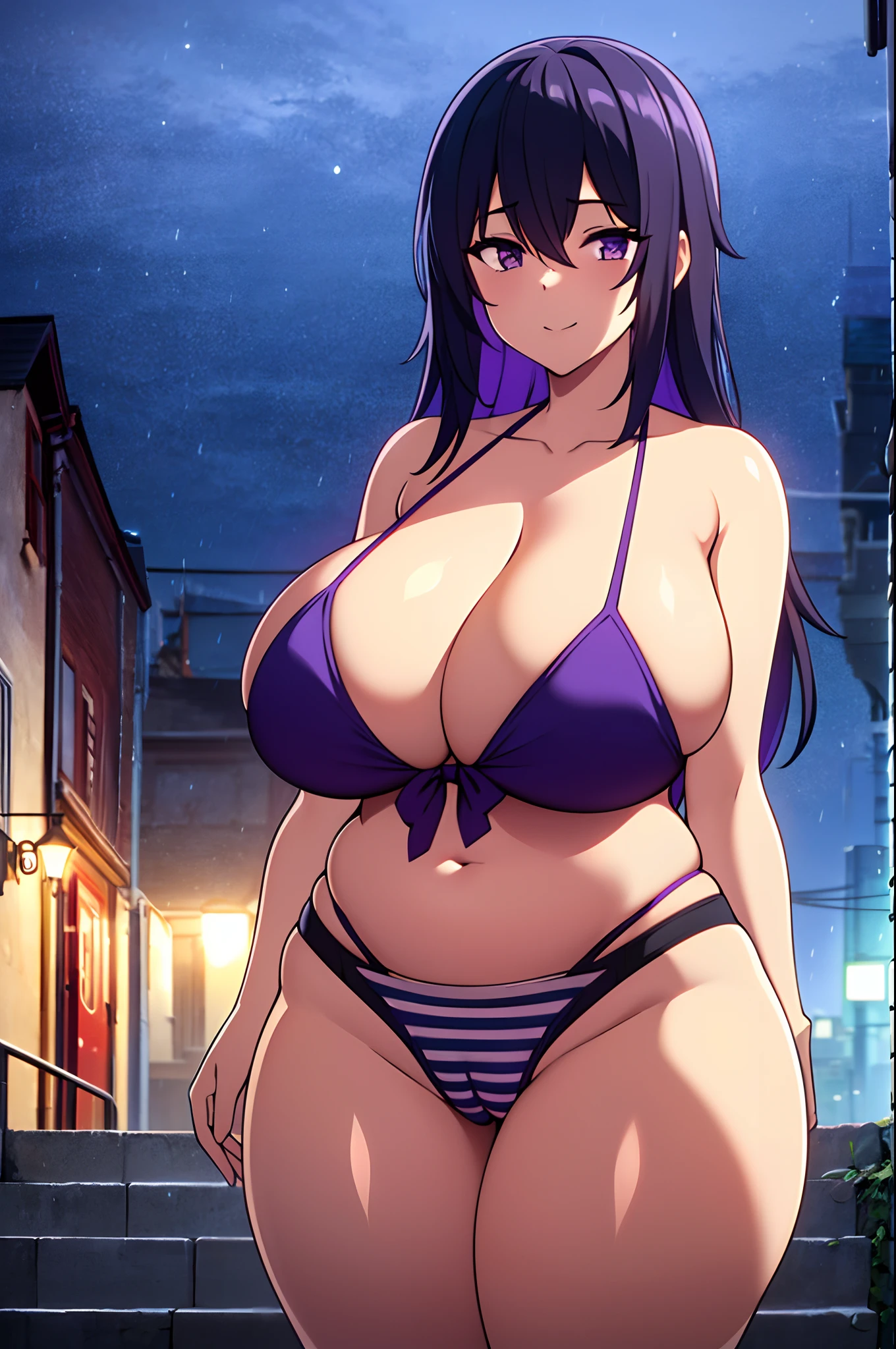 masterpiece, best quality, SeeleV4, 1girl, solo, looking at viewer, bare shoulders, slight smile, outdoors, sky, shorts, ((purple eyes)), night, night sky, city alley, steps, rain, thunder, (striped bikini:1.2), gigantic breasts, huge cleavage, ((wide hips)), (thick thighs)