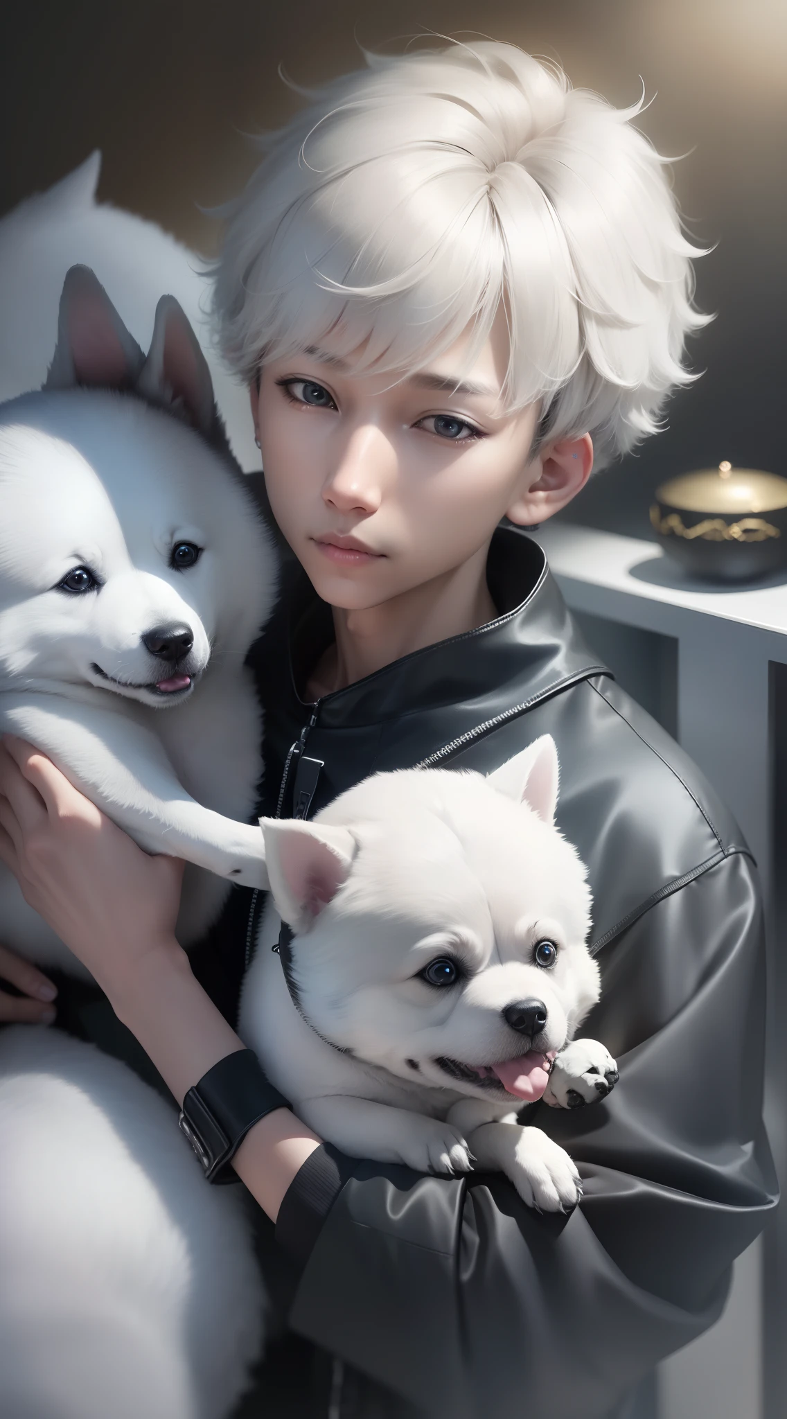 1boy holding a dog,8K,Realistis,tmasterpiece,solo person,hyper-high detail,Short gray fluffy hair,Reallightandshadow,Environmental masking,