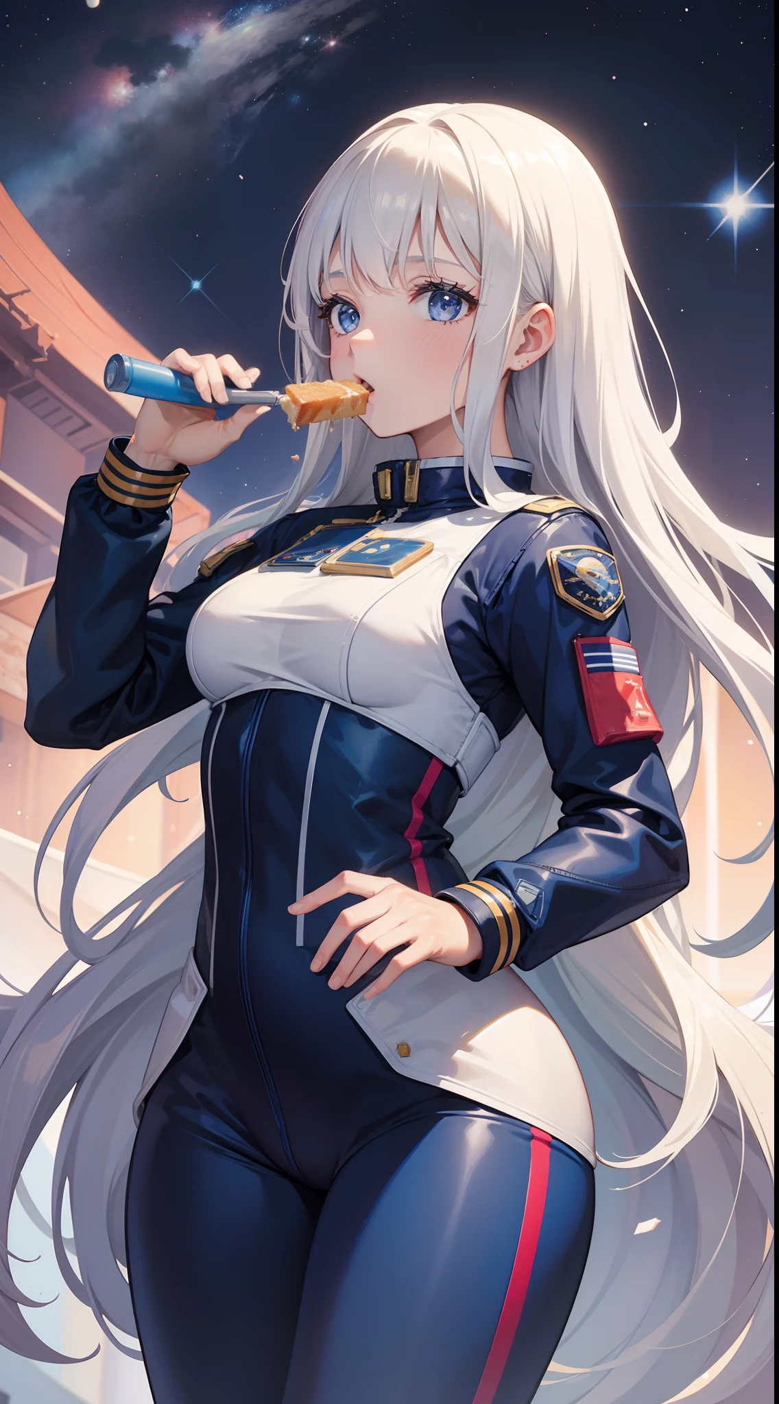 1girl, traje de astronauta, comiendo tarta, muslos grandes, pechos grandes