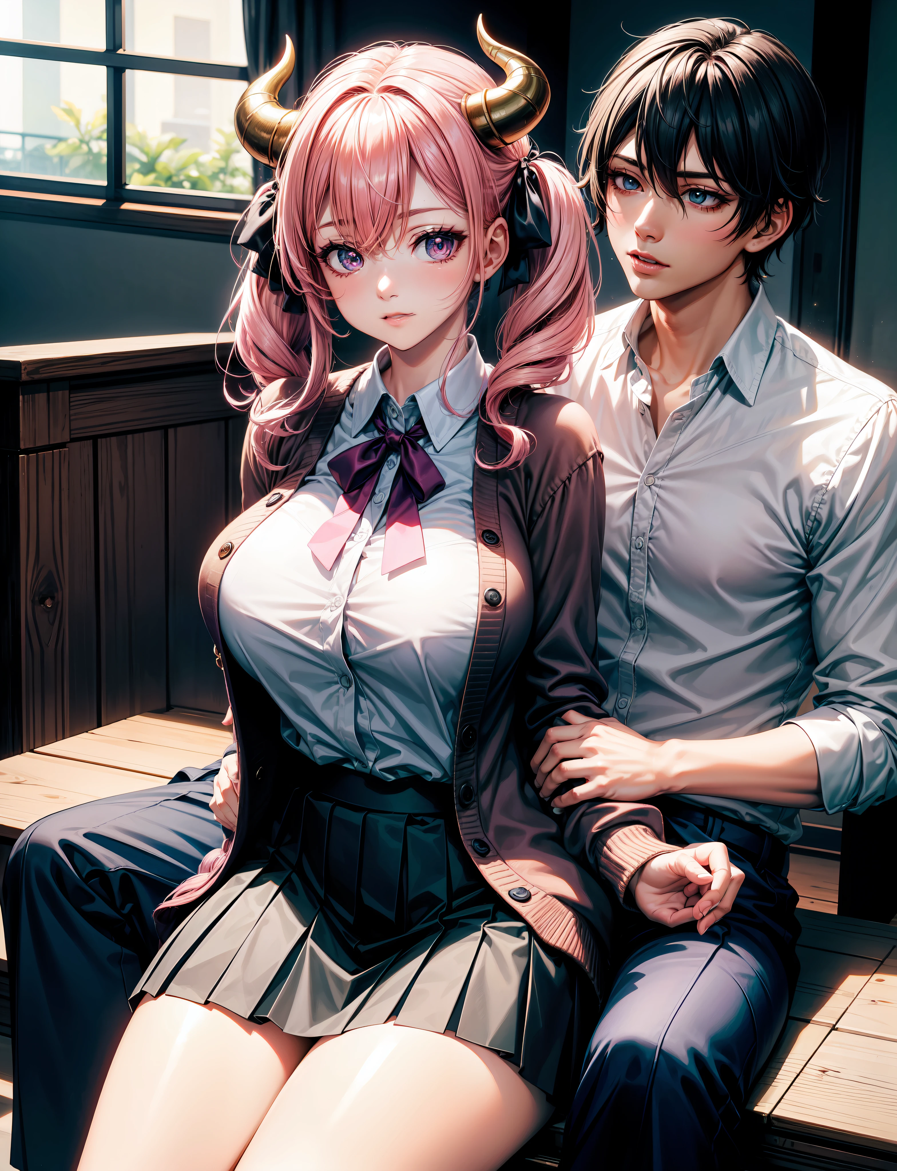 4k, ,Lens flare, pink hair ,mascara, eyeliner, god rays, 4k, 8k, best quality, masterpiece, hyper detailed, intricate detail, 1boy, 1 girl, detailed, Detailed fuchsia hair ++, detailed pink eyes ++, raytracing, perfect shadow, highres, enhanced eyes, huge breasts, horns, seductive, hyper detailed, Dressed in a pleated skirt, a button-up blouse, and knee-high socks, your anime girl exudes a scholarly yet fashionable aura. A cardigan and loafers add a touch of sophistication. Your anime girl adds large ribbon bows at the base of each twin tail. This style is both adorable and attention-grabbing, highlighting her playful nature. she is using a boy as a chair, sitting on a boy, she is sitting on someone, sitting on a man
