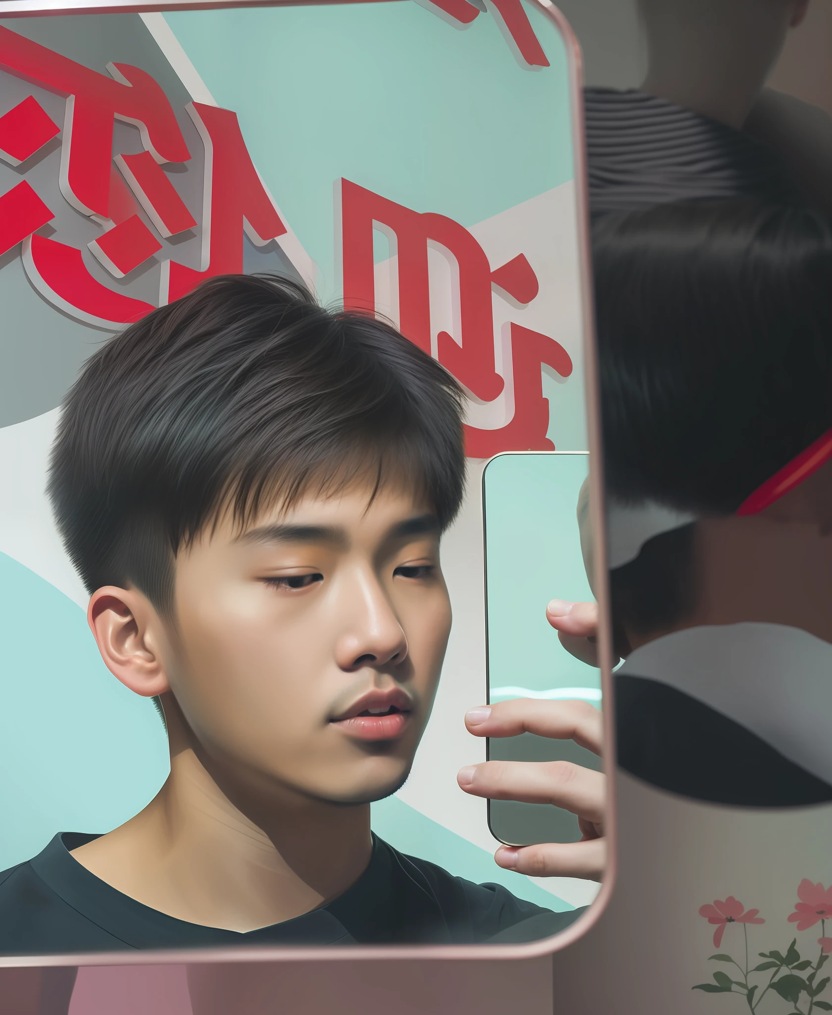 there is a man taking a picture of himself in a mirror, yanjun cheng, 8k selfie photograph, inspired by Yanjun Cheng, inspired by Zhang Xiaogang, detailed face of a asian boy, 1 7 - year - old boy thin face, young lovely Korean faces, Inspired by Zhang Han, young cute wan asian face, Mirror selfie