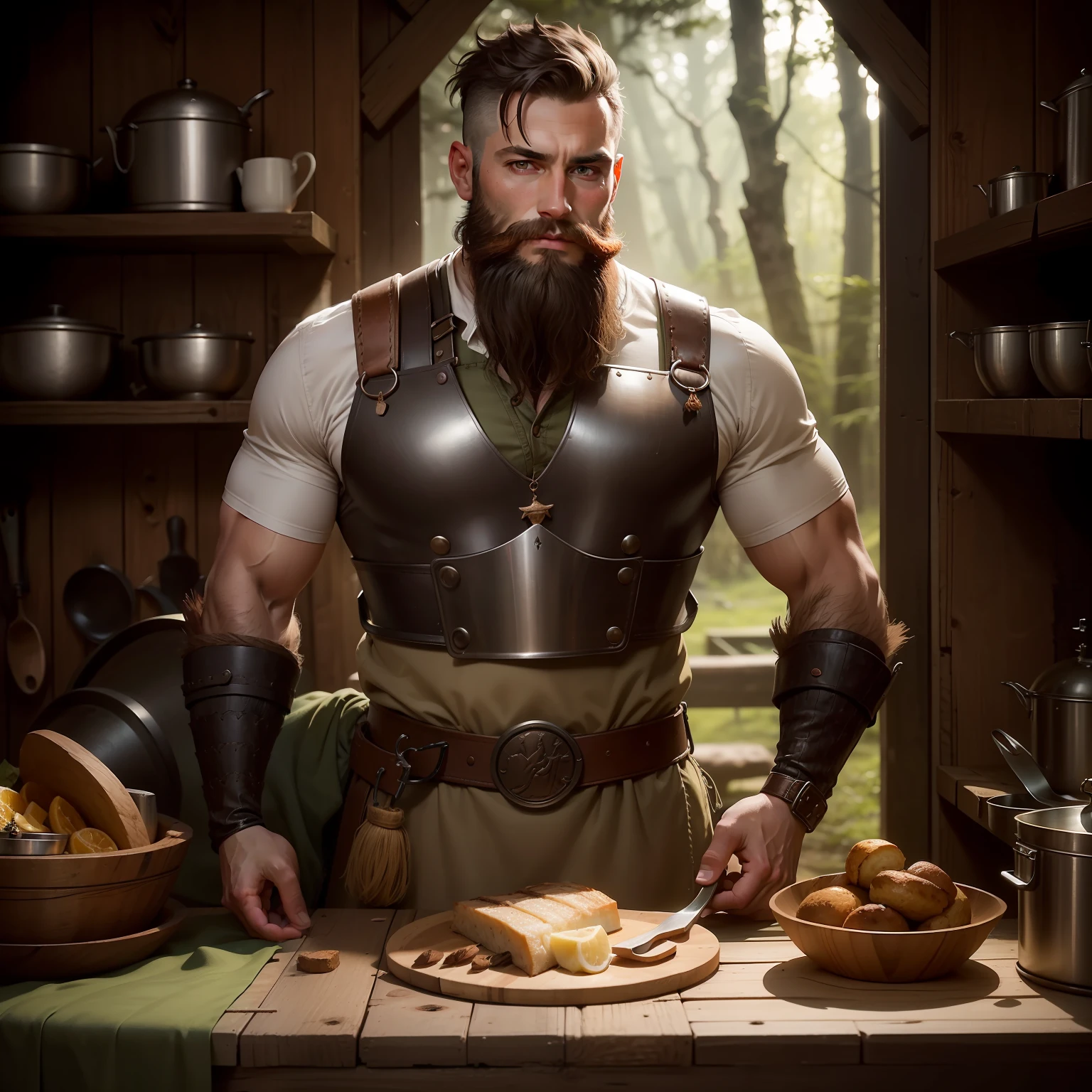 Attractive and elegant man, wearing lumberjack clothes but with the sample breastplate, photo in high quality, raw, in a detailed hut in the forest, with objects of a woodcutter behind and objects related to a kitchen prepared for breakfast. Gorgeous man with short hair shaved in machine 3, well done beard.