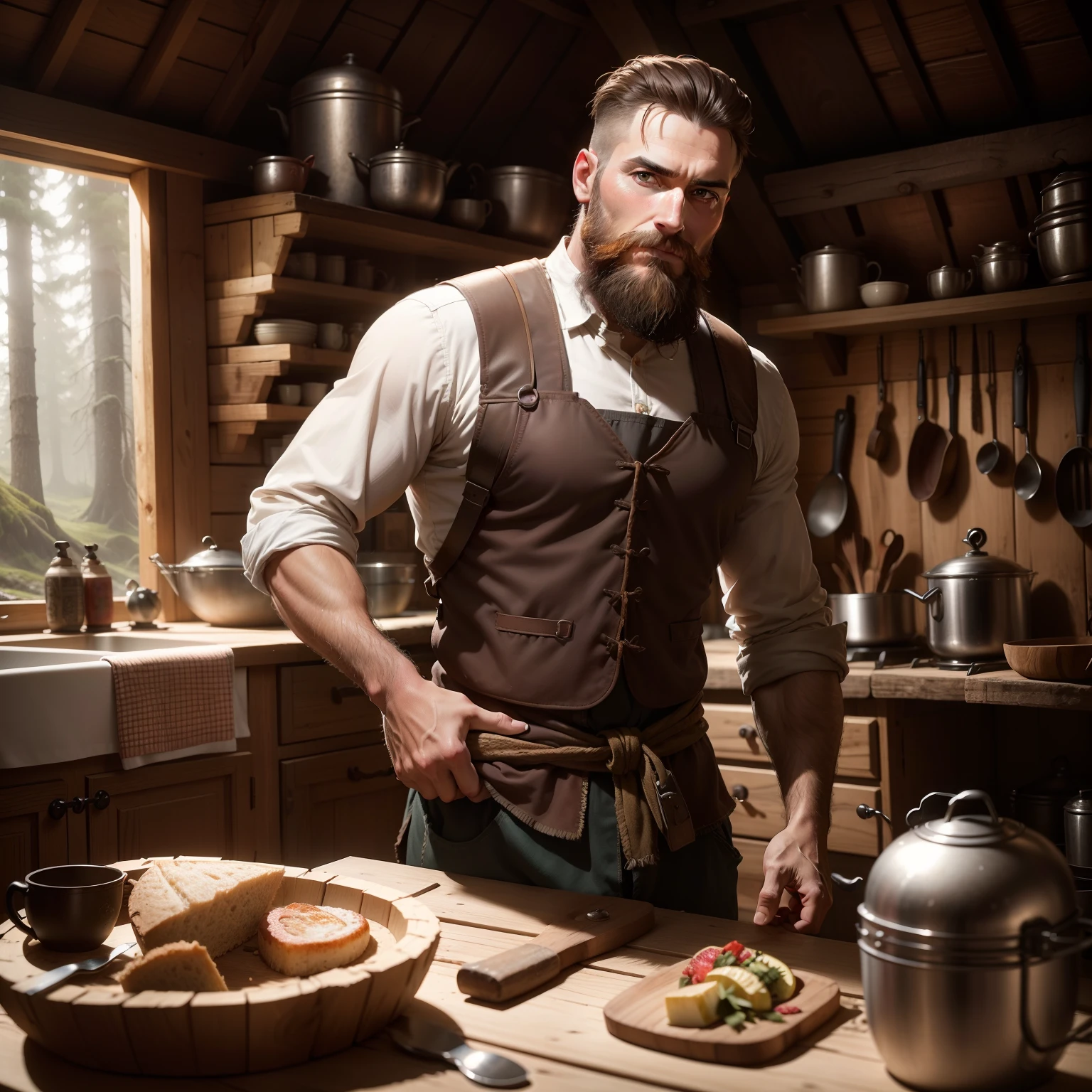 Attractive and elegant man, wearing lumberjack clothes but with the sample breastplate, photo in high quality, raw, in a detailed hut in the forest, with objects of a woodcutter behind and objects related to a kitchen prepared for breakfast. Gorgeous man with short hair shaved in machine 3, well done beard.