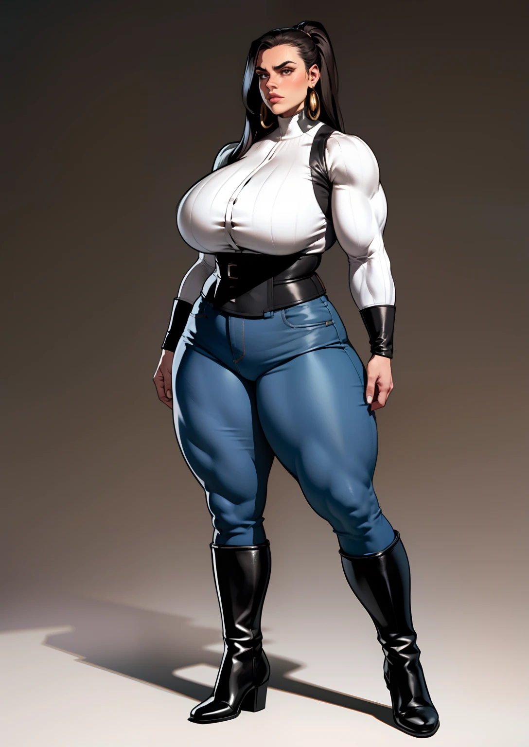 tmasterpiece,(Full body like:1.1),Burly woman,Exaggerated large muscles,jaqueta de couro,Chelsea boots,Beautiful and charming woman face,largeeyes, 1female,Thin waist,Very broad shoulders,Huge latissimus dorsi, Strong and powerful arms,Stout arms,Thick and powerful leg muscles,long leges,a little bit chubby