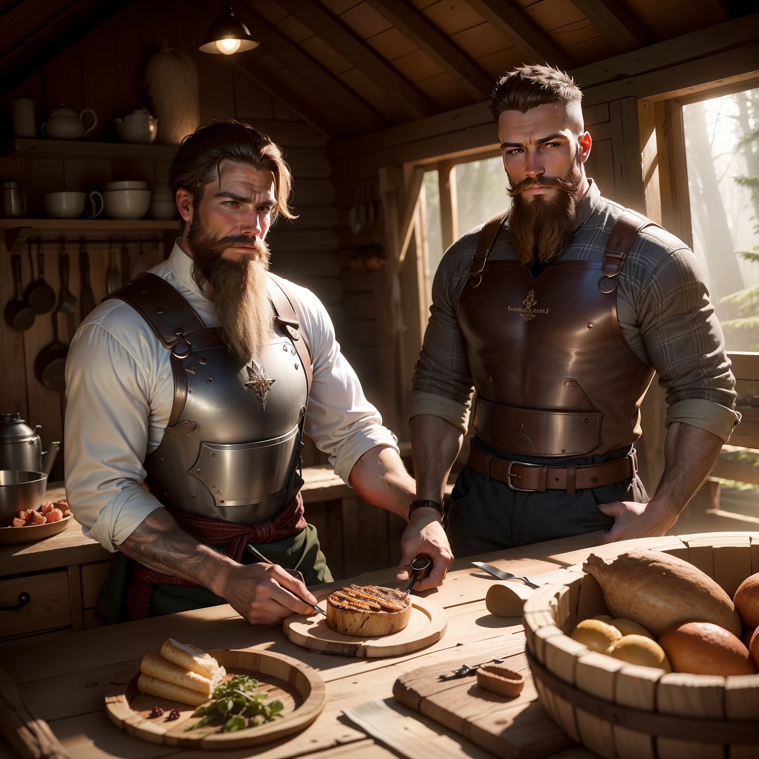 Attractive and elegant man, wearing lumberjack clothes but with the sample breastplate, photo in high quality, raw, in a detailed hut in the forest, with objects of a woodcutter behind and objects related to a kitchen prepared for breakfast. Gorgeous man with short hair shaved in machine 3, well done beard.