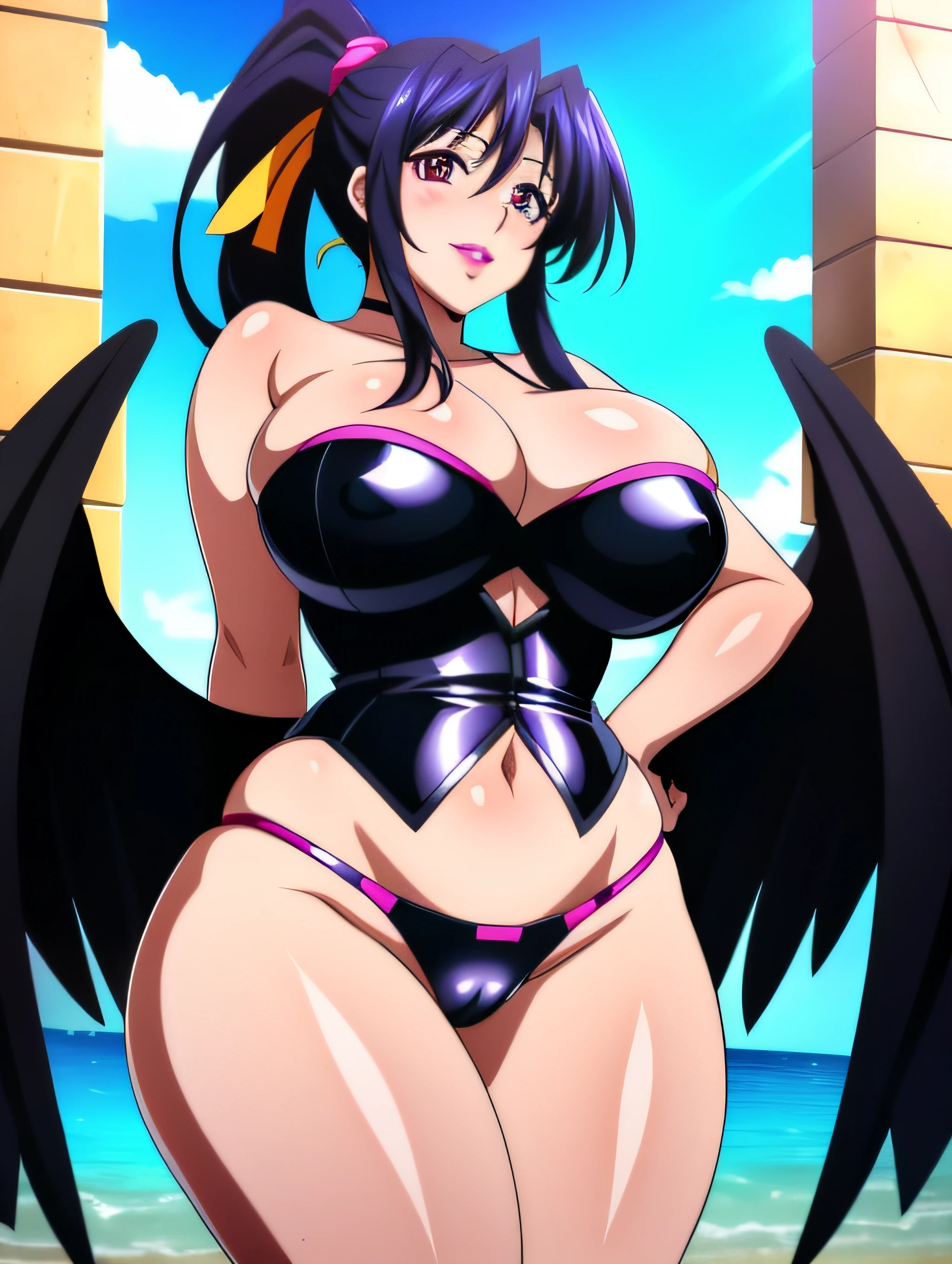 Highschool dxd, Akeno Himejima, 1girl, (((bimbo))), puffy lips, painted lips, thick lips, wide hips, thick thighs, black crow wings on back, bursting breasts, big ass, revealing cleavage, erotic, Smile face, bubble butt, camel toe, nipples,