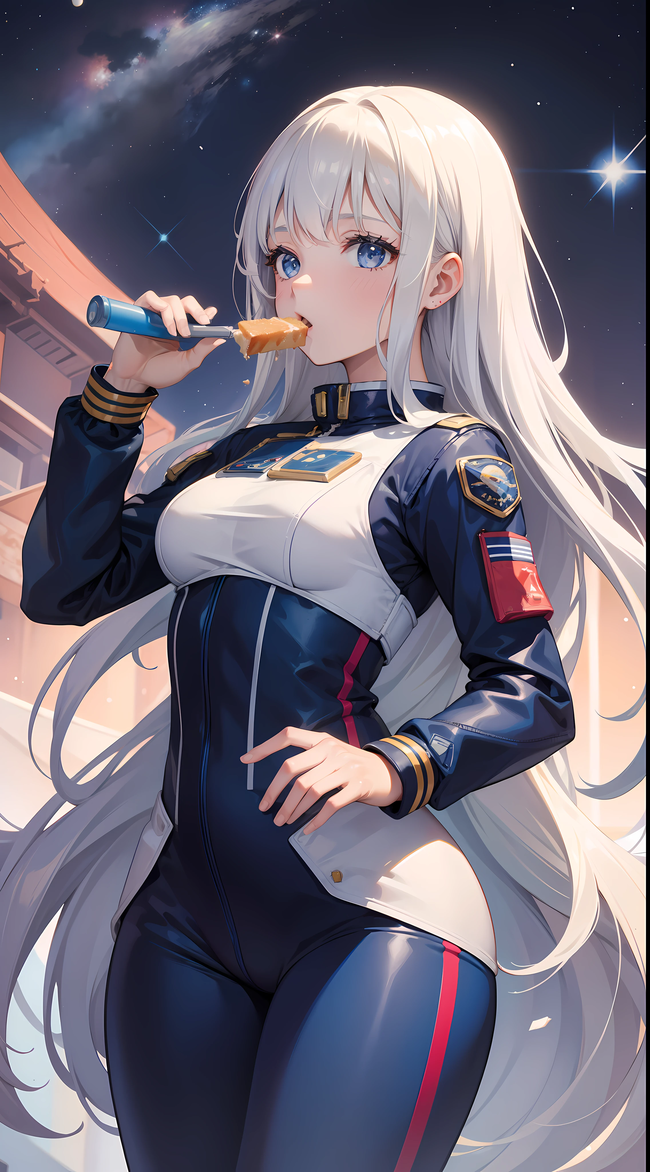 1girl, traje de astronauta, comiendo tarta, muslos grandes, pechos grandes