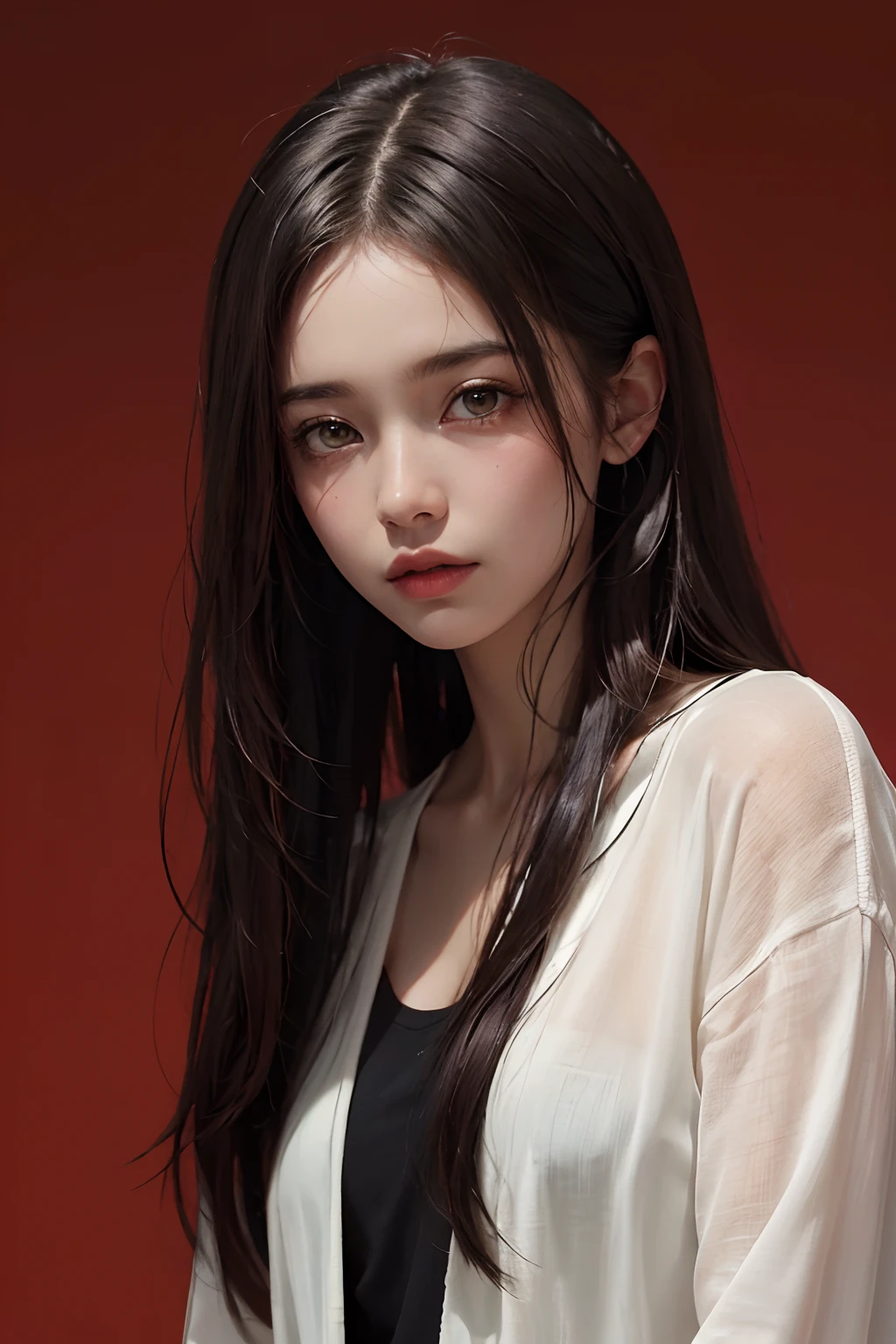 A woman with long hair and a white shirt posing for a picture - SeaArt AI