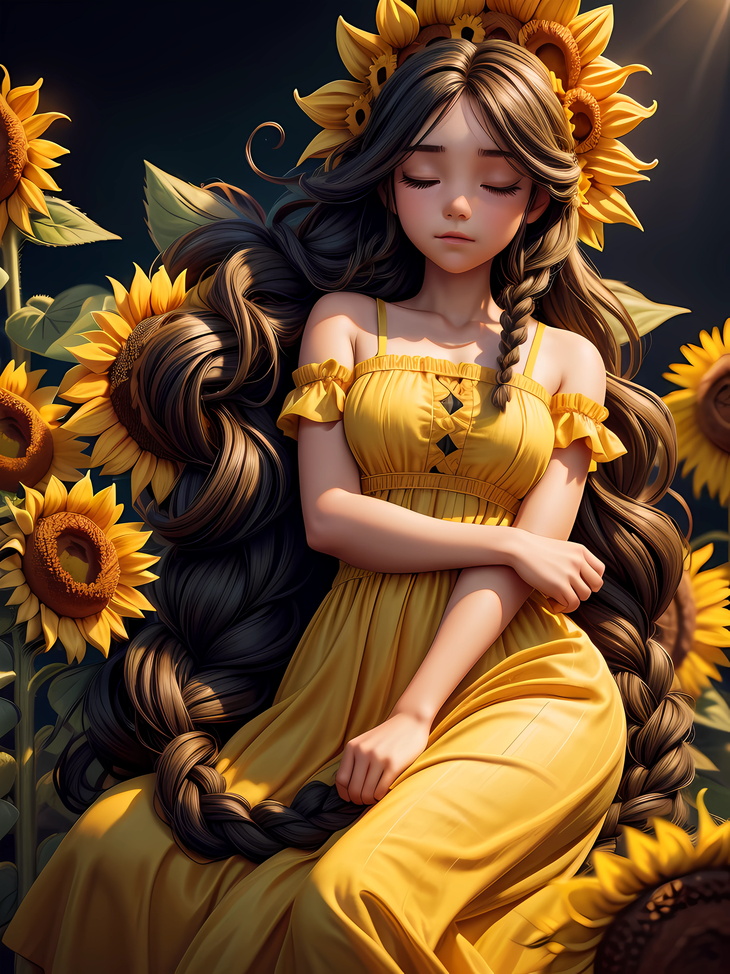 ((girl sleeping on big sunflower)), wearing over long dress, yellow dress, curly black long hair, the two braids over long hair, 8k, RAW photo, best quality, masterpiece, high detail RAW color photo, dramatic lighting, cinematic lighting, back light, professional lighting,