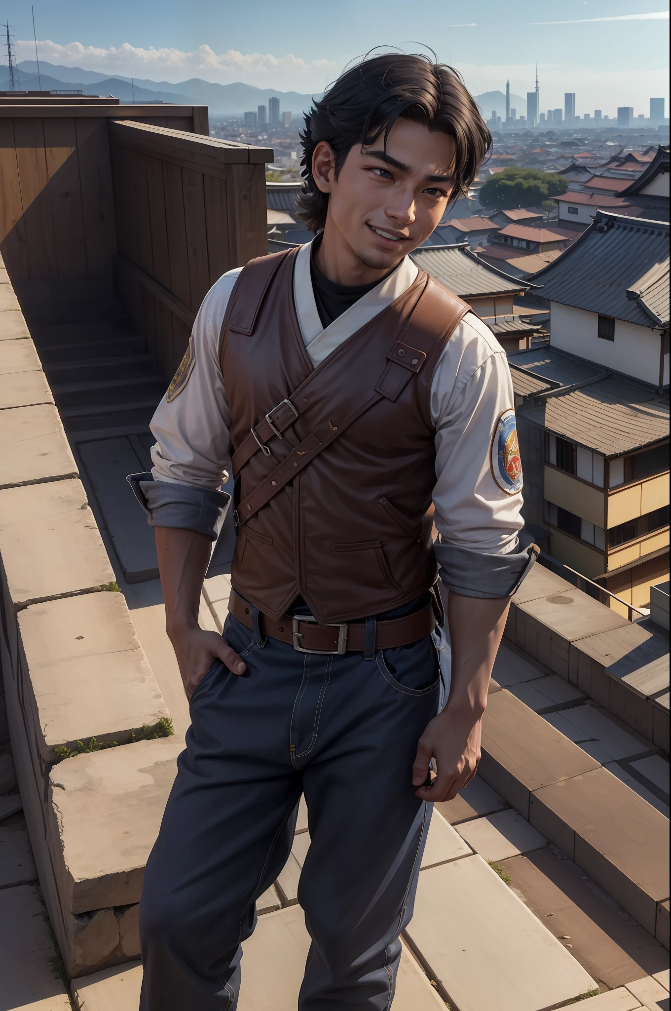 ((((enimaru Nikaido)))) (obra-prima, melhor qualidade: 1.2), tiro de cowboy, solo, foco masculino, 1boy, gojo satoru, sorriso, Hands in pockets, venda, jaqueta preta, arte digital da mais alta qualidade, rtx, ray tracing, noite, luar, on top of a building, luzes noturnas, cidade