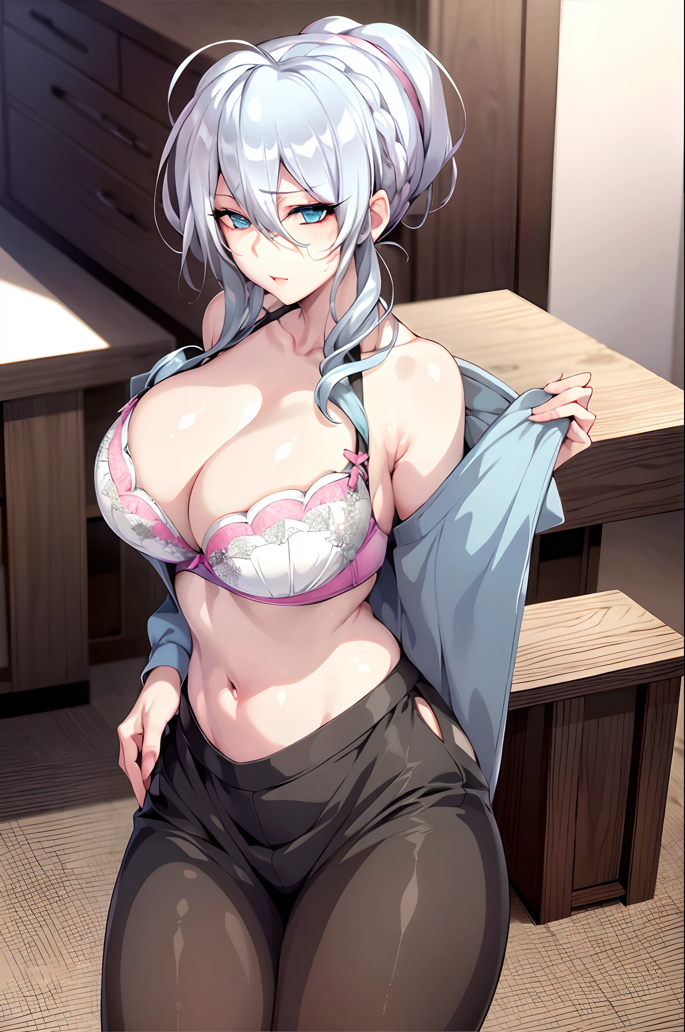 1girl, sexy breasts,silver hair and blue eyes, armpit, cleavage, navel, t-shirt, ((pink bra)),clothes lift, skirt, lying, full Body,sexy body,sitting