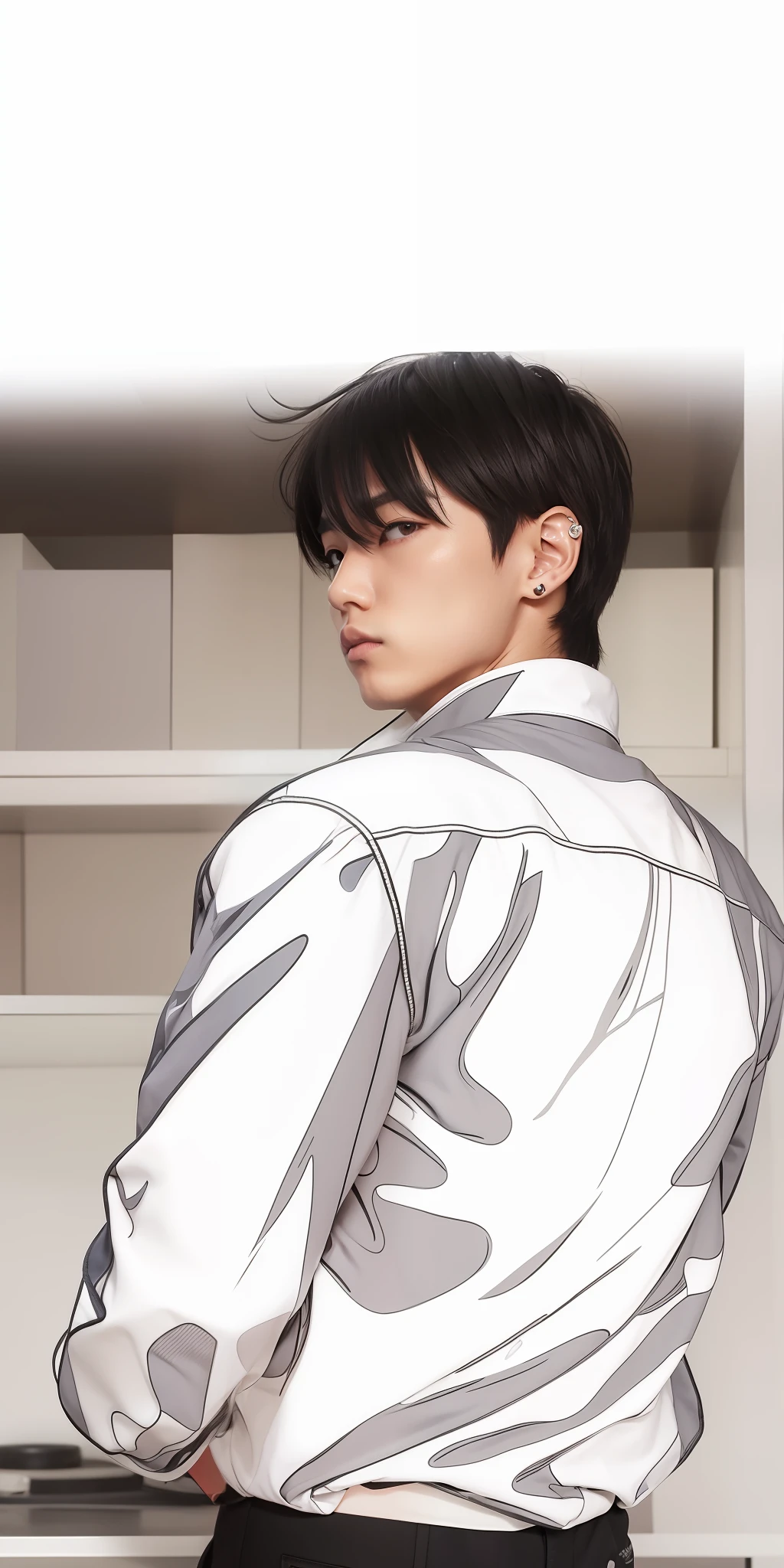 1 asian boy, jo jahyun from wind breaker webtoon, black hair, mullet hair, realistic, ultra detail, 70mm lens