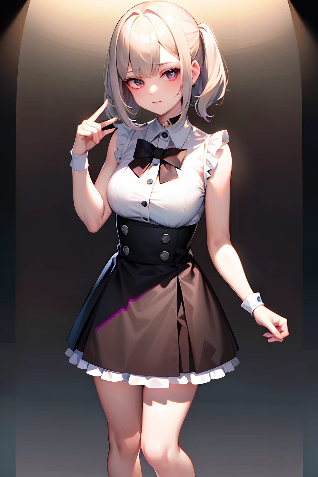 best quality, ultra high res, 1girl, sleeveless white button shirt, black skirt, black choker, cute, (Kpop idol), (aegyo sal:1), (platinum blonde hair:1), ((puffy eyes)), looking at viewer, full body, facing front