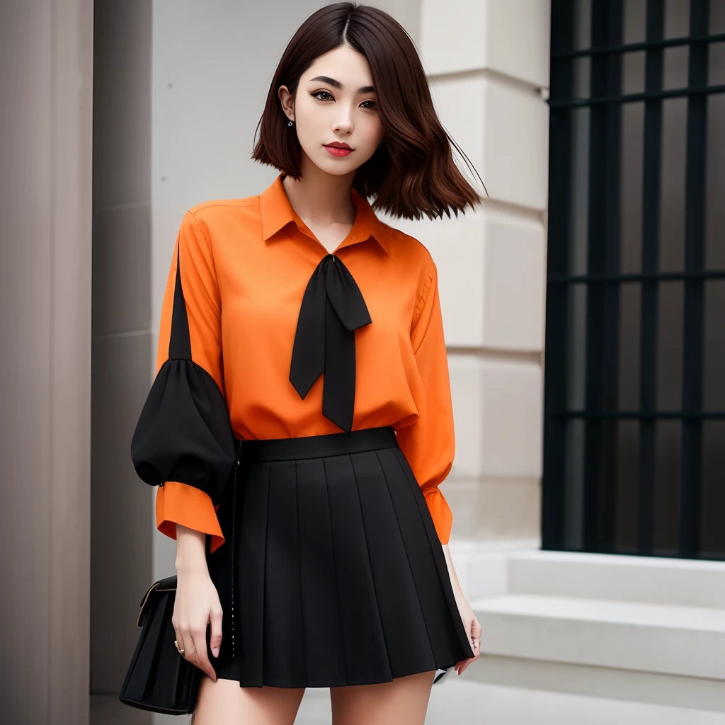 woman with dark brown half-up hair with orange blouse and black skirt