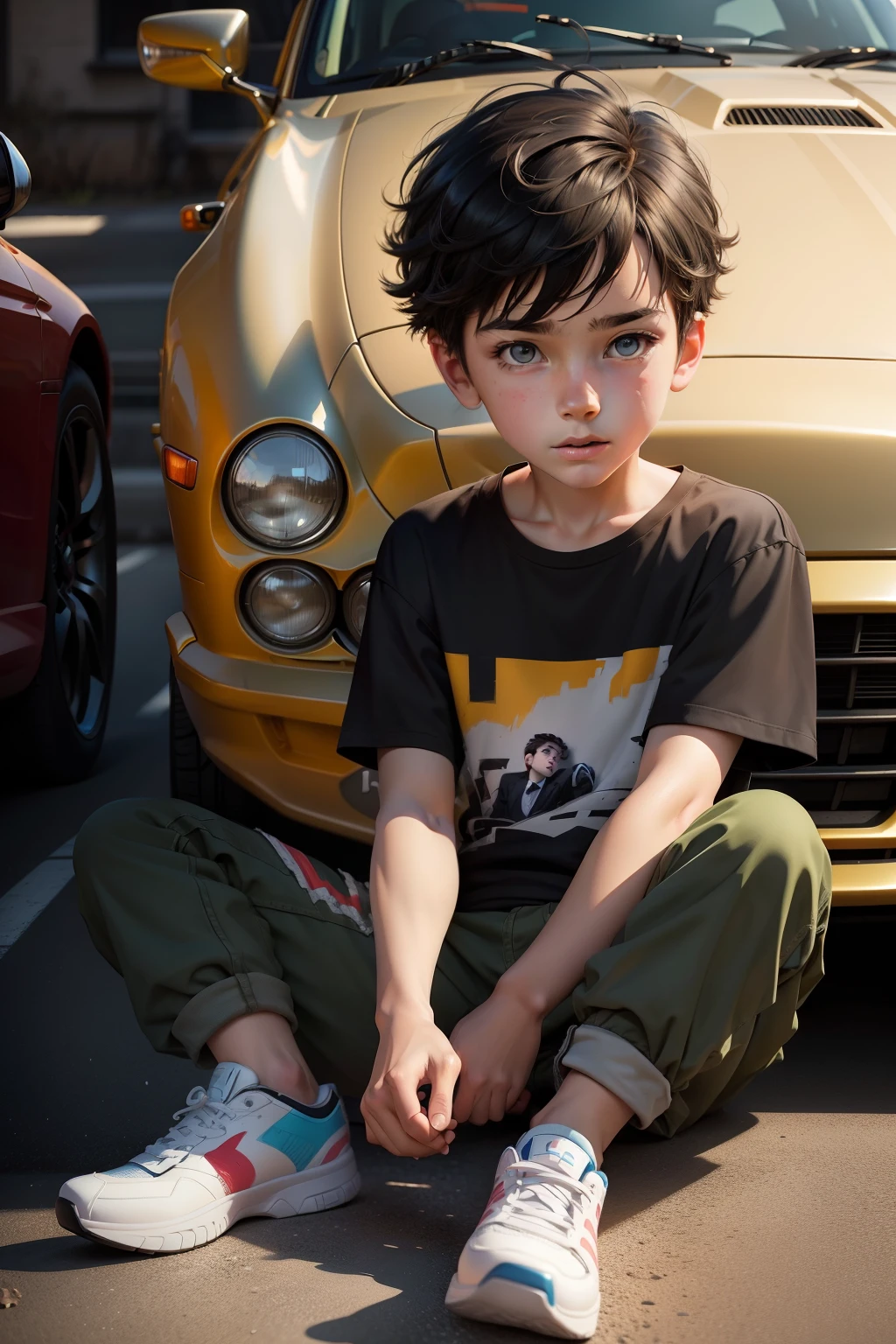 Draw a boy sitting on the ground in front of a car, concept art of single boy, Guviz-style artwork, cartoon digital painting, digital cartoon painting art, lovely digital painting, Realistic art style, Realistic art style, realism art style, childrens art in artstation, Realistic digital painting, Realistic painting style, super realistic painting style, Young boy