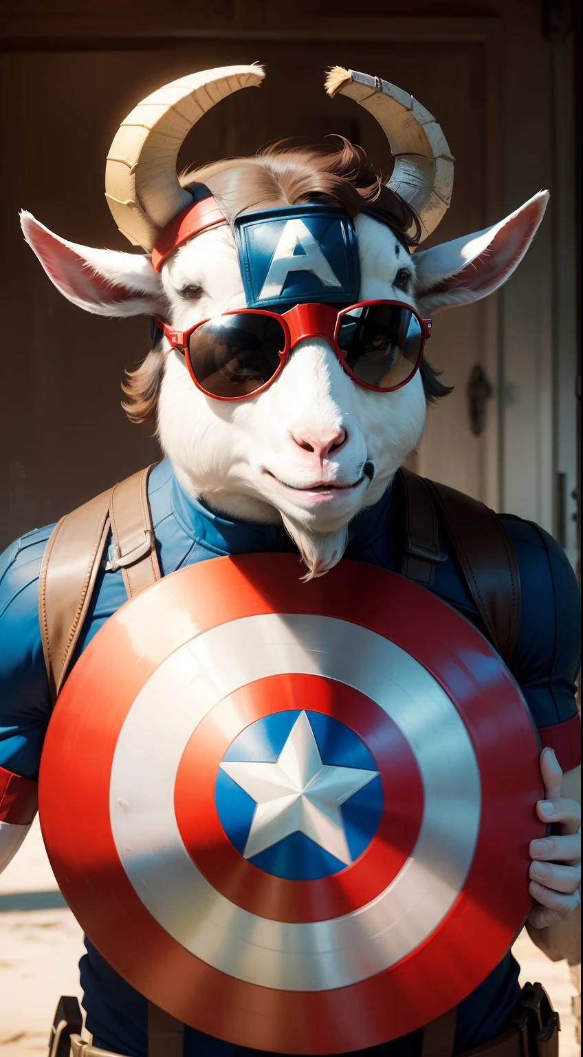 A comical goat dressed as captain America, sporting sunglasses, striking a human-like pose.