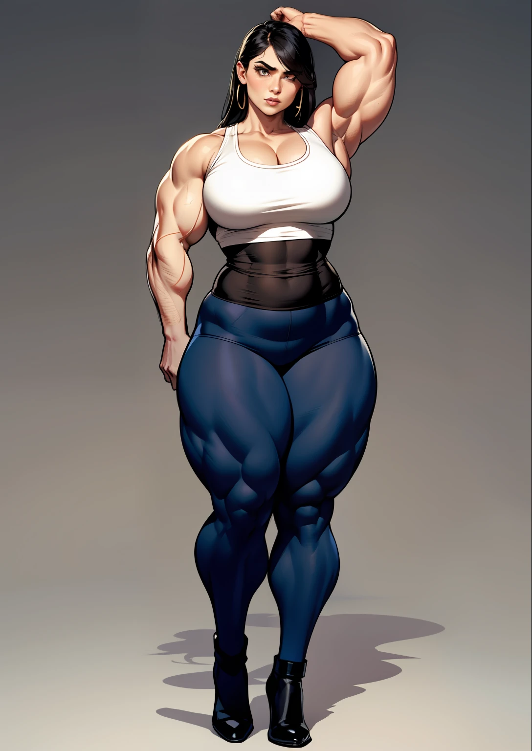 tmasterpiece,(Full body like:1.1),Burly woman,Exaggerated large muscles,murderess,Beautiful and charming woman face,largeeyes, 1female,Thin waist,Very broad shoulders,Huge latissimus dorsi, Strong and powerful arms,Stout arms,Thick and powerful leg muscles,long leges,a little bit chubby