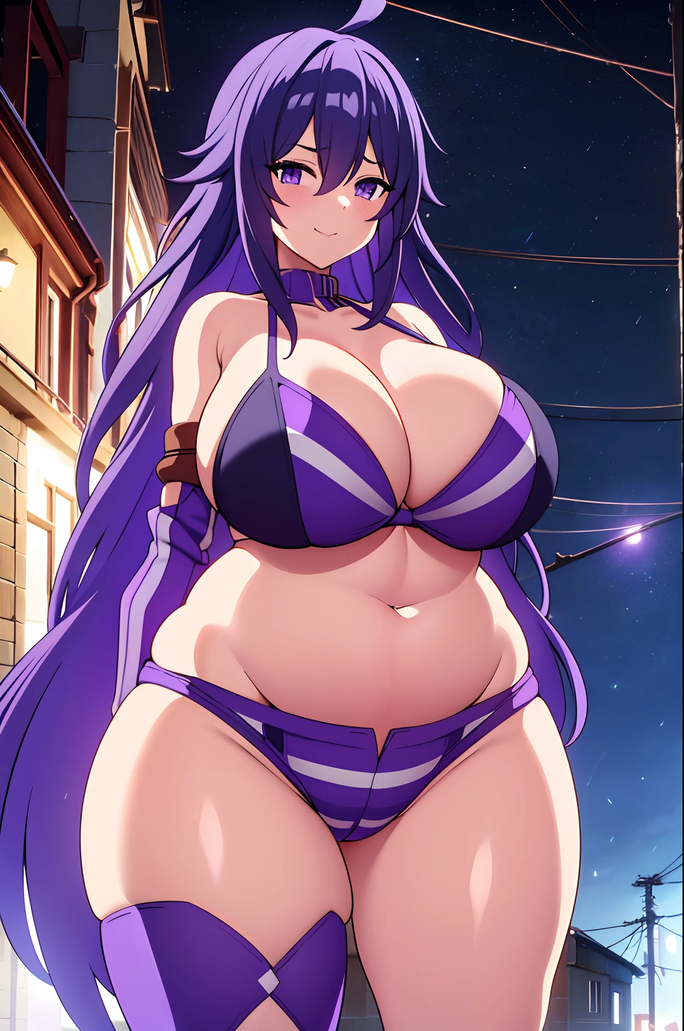 masterpiece, best quality, SeeleV4, 1girl, solo, looking at viewer, bare shoulders, slight smile, outdoors, sky, shorts, ahoge, ((purple eyes)), night, night sky, city alley, steps, rain, thunder, (striped bikini:1.2), gigantic breasts, huge cleavage, ((wide hips)), (thick thighs)