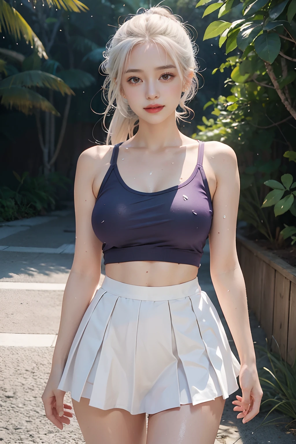 realistic, 1girl, ponytail, parted lips, blush, makeup, light smile, white hair, sportswear, skirt, wet clothes, glow, thighs, purple eye, bare shoulders, collarbone, narrow waist, sunbeam, sunlight, rose, wind, , (masterpiece), sweat,