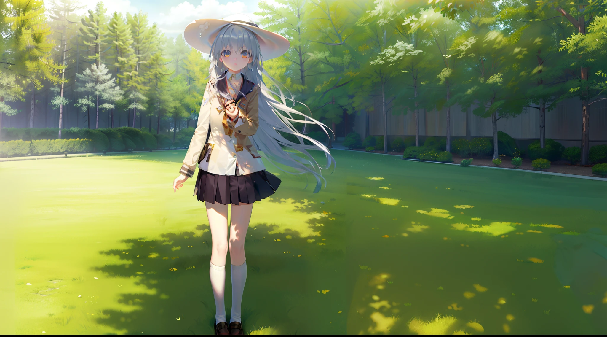 ((masterpiece)), ((best quality)), ((highres)), ((extremely detailed CG unity 8k wallpaper)), solo, tachibana kanade, tan school uniform, black skirt, white socks, curtained hair, silver hair, outdoors, sun hat, sunny, garden