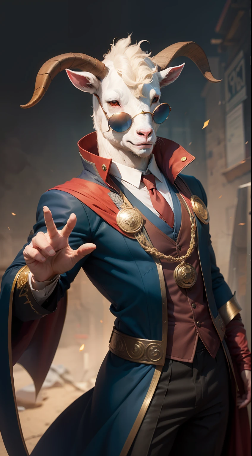 A comical goat dressed as doctor strange, sporting sunglasses, striking a human-like pose.