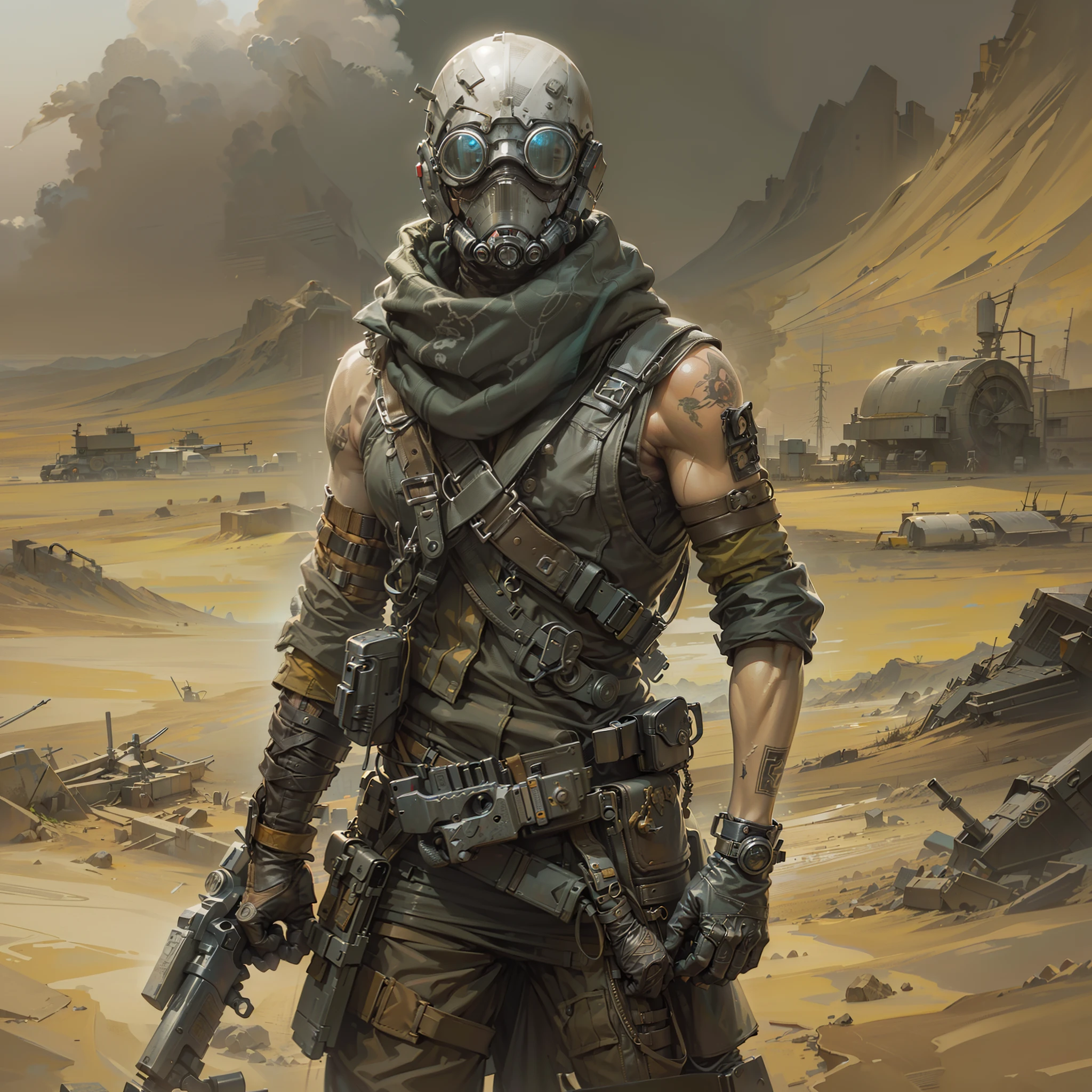 (((hombre, chico joven,,Ropa punk del desierto, Ropa Mad Max,Paramo clothing))), ropa , Abs, musculoso, atractivo, Pose ruda, Hay un hombre sosteniendo una pistola y una pistola en la mano, Mad Max con una pistola, concept art digital illustration, Estilo de arte dieselpunk, Post-apocalyptic explorer, illustration concept art, epic fantasy sci fi illustration, Arte conceptual digital de alta calidad, epic scifi character art, Symmetrical dieselpunk warrior, soldado dieselpunk, Arte conceptual de pintura digital,(((Estilo Borderlands))) cuerpo, ropa, , In a desolate wasteland,(((una caravana del desierto con soldados gritando y maldiciendo enfados)))