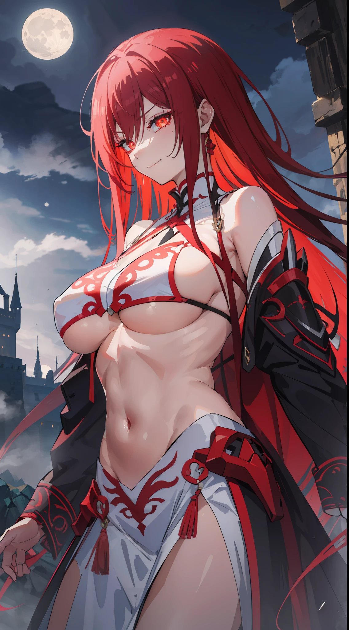 (masterpiece, best quality), glowing eyes, asmodeusoutfit, underboob, smirk, blushing, dark, gloomy, dramatic lighting, fog, mist, god rays, fantasy landscape, night, moon, castle, walking, girl, sexy, close up, red blood hair color, (intricate detail:1.5),
asaemon_sagiri, (solo:1.4)
