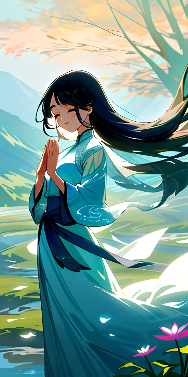 In the tranquil landscape,Standing an elegant and attractive woman。Her figure appears warm and soft in the sun。Her long hair fell to her waist like a black waterfall,Breeze in the wind,It made her hair flutter gently。Her eyes,Deep and bright,Clear as a lake,The wisdom and gentleness revealed is fascinating。
Her face is full of natural beauty,The skin is as delicate as clotting,It was as if a ray of morning light fell on her face,Full of health and vitality。Her lips turned up slightly,Show a confident and charming smile,Like flowers blooming in spring。Her facial features are delicate and coordinated,Soft eyebrows,High nose,and slightly upturned lashes,It constitutes a beautiful face。
She wore a long light dress,The skirt floated like a cloud of smoke。The dress is made of light blue fabric,Reflect the surrounding nature。The thin pleats of the skirt exude a gentle feeling,It seems to blend into her full elegance。She was tall and slender,There is a sense of confidence and calm between steps。
Around her,Surrounded by flowers and plants,The trees are swaying。Morning dew shone between her fingers,She gently stroked the petals,It's like talking to nature。A gentle breeze blows through the mountains,Flick her cheek,She closed her eyes,Enjoy the peace and quiet。
This woman exudes fairy-like beauty and tenderness in the mountains and rivers。She is at one with nature,In this wonderful moment,As if she were the soul of the mountain,It conveys a love of life and beauty。