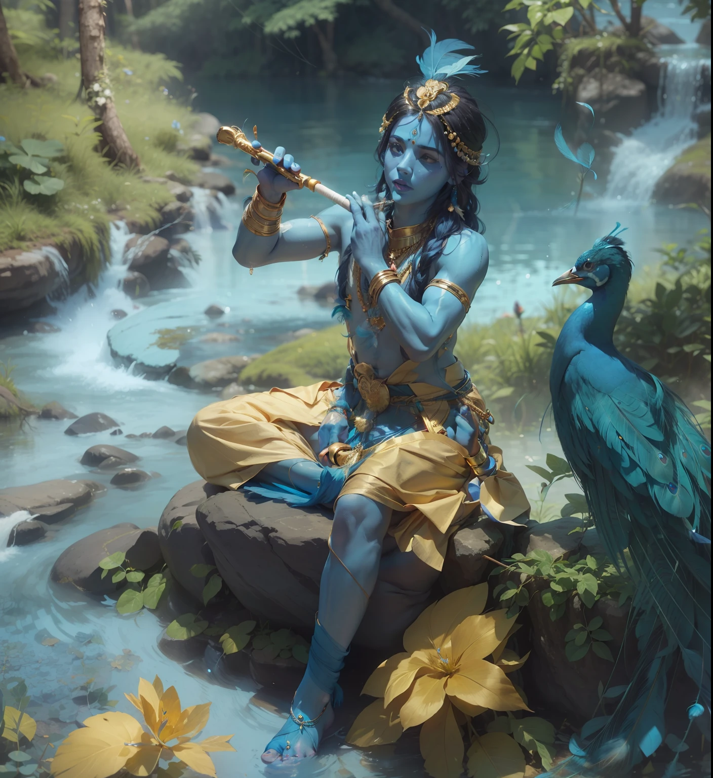 a (handsome) traditional man, full blue colour body, ((blue skin)), long cool hair style and ((a feather)) of peacock in hair. wearing gold jewellery, (flower garland) and traditional golden (dhoti). flute in hand, ((playing flute)), sit in forest. Water in forest, peacock. Realistic, uhd, 4k graphics, full details, ultra realistic
