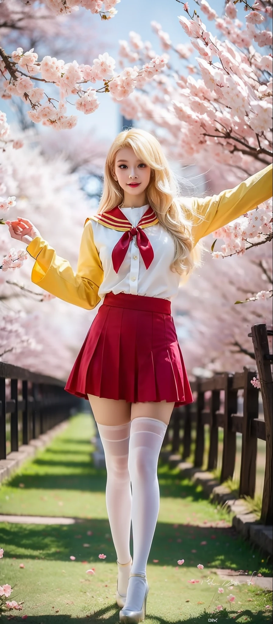 (Blonde hair:1.3),(A lot of hair:1.3),(detailed hairs:1.2),Yellow pupils，Red eyeshadow，The expression is charming，under a sakura tree，pink uniform，legs are open，model poses，blackstockings，high-heels，softlighting，8K best photo quality。