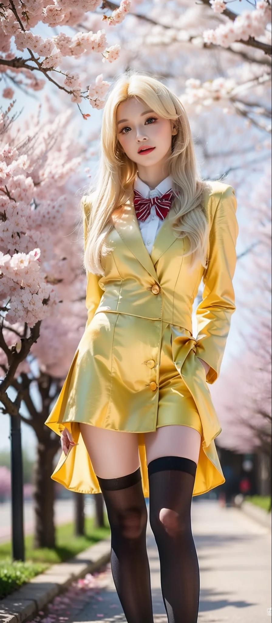 (Blonde hair:1.3),(A lot of hair:1.3),(detailed hairs:1.2),Yellow pupils,Red eyeshadow,The expression is charming,under a sakura tree,pink uniform,legs are open,model poses,blackstockings,high-heels,softlighting,8K best photo quality。