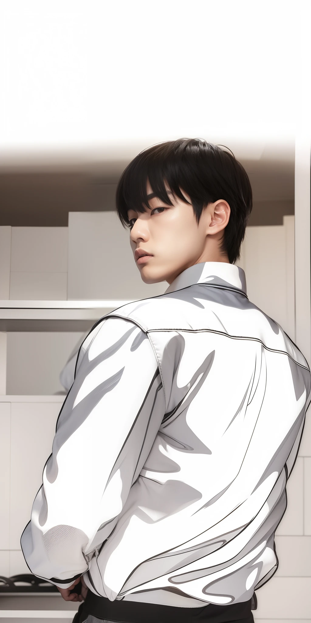 1 asian boy, jo jahyun from wind breaker webtoon, black hair, realistic, ultra detail, 70mm lens