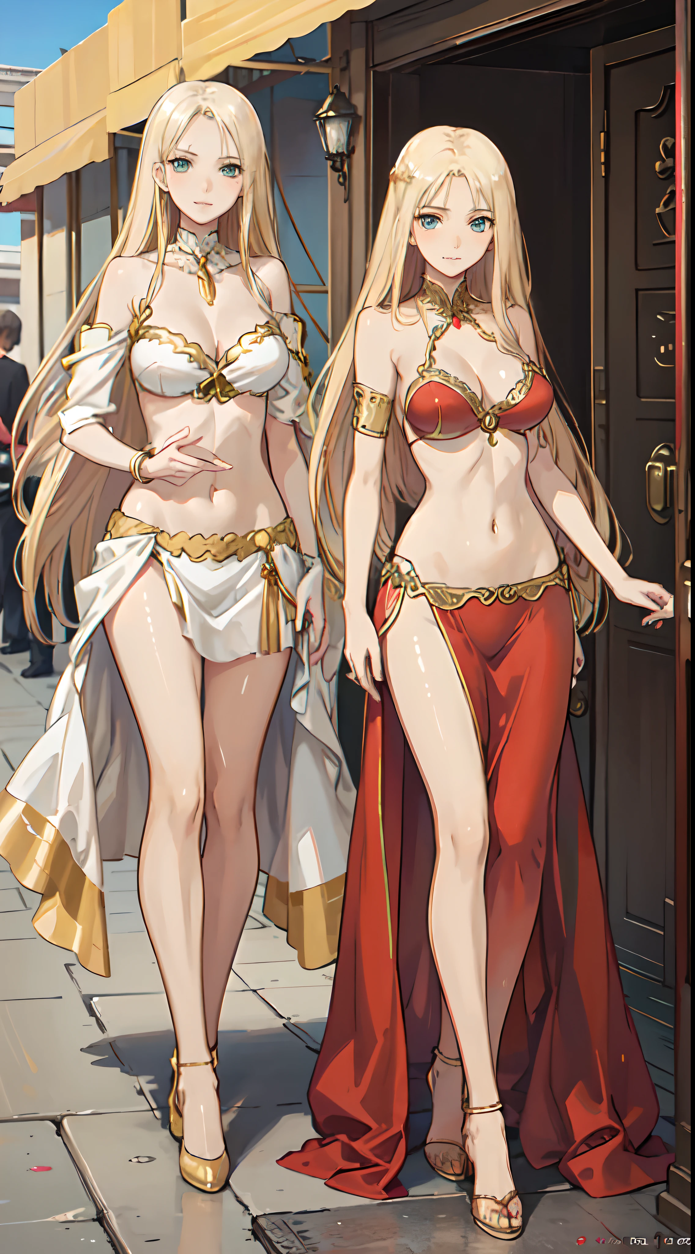 blonde hair, long hair, green eyes, with slender legs and an enticing beach pose, wearing a elegant red gown that shows off her navel, resembling an Arabian belly dancer. She has a short trimmed skirt and her flowing blonde hair is styled in a side ponytail. Her captivating blue eyes exude happiness, while her outfit highlights her alluring cleavage, happy