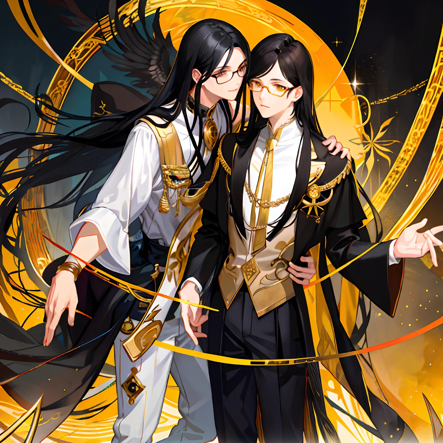 black hair and gold eyes,Boy,gold-wire glasses,slightly long hair,ellegance,Delicate facial features,Persona diagram,Standing painting,The fifth personality,full bodyesbian