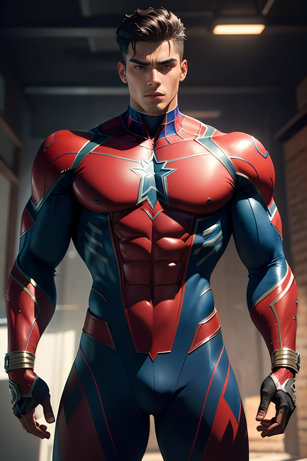 Although very handsome mexican brown skin and hair, the whole body of a young-man is realistic, metalic colors, muscular 157 kg shirtless Super Hero Heineken Men's Action Spider-man Amazing Movie Highly Detailed Artwork Detailed Faces Detailed Suit Cgi 8k Resolution