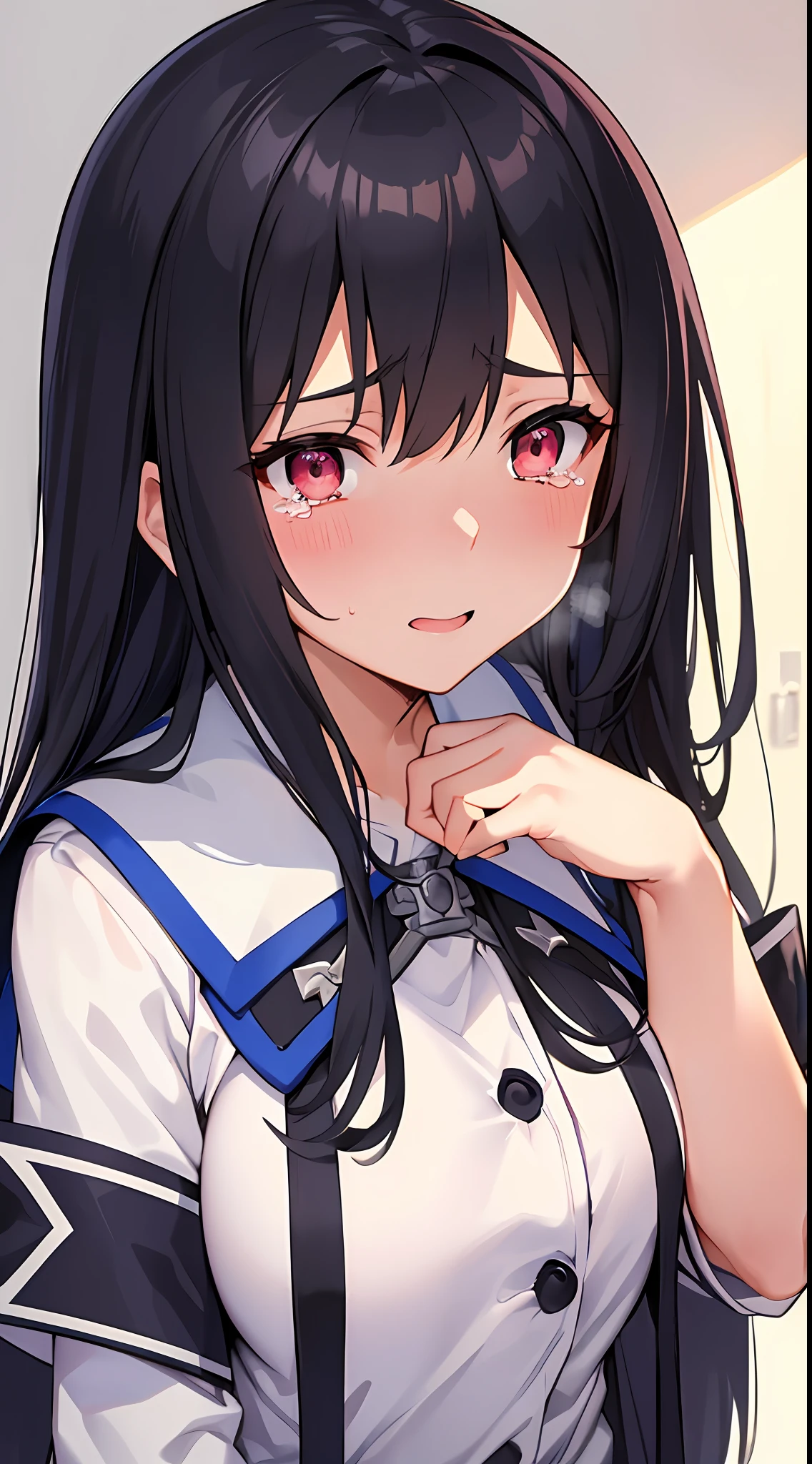 NSFW, (White School Uniform:1.2), (mushoku tensei, Akatsuki-chan, Drooping big tits:1.2, age19), (Straight hair, Very beautiful black hair, Beautiful bangs), (masterpiece:1.2, of the highest quality:1.2, 8K, 2D:1.3, wall-paper:1.2, The Ultimate Illustrator:1.2, High resolution), (More eyelashes), (Sharply drawn eyes, Tears), Extremely Close, (Ultra detailed eyes, bright pink eyes:1.2), (Beautiful detail double), Smooth nose, (upper body:1.2), in heat:1.3, Sweat:1.3, Pleasure Ecstasy:1.3, face focus:1.3), (Bright entrance), (great joy:1.2), (「おちんちんちょうだい」:1.3, Yodare:1, )