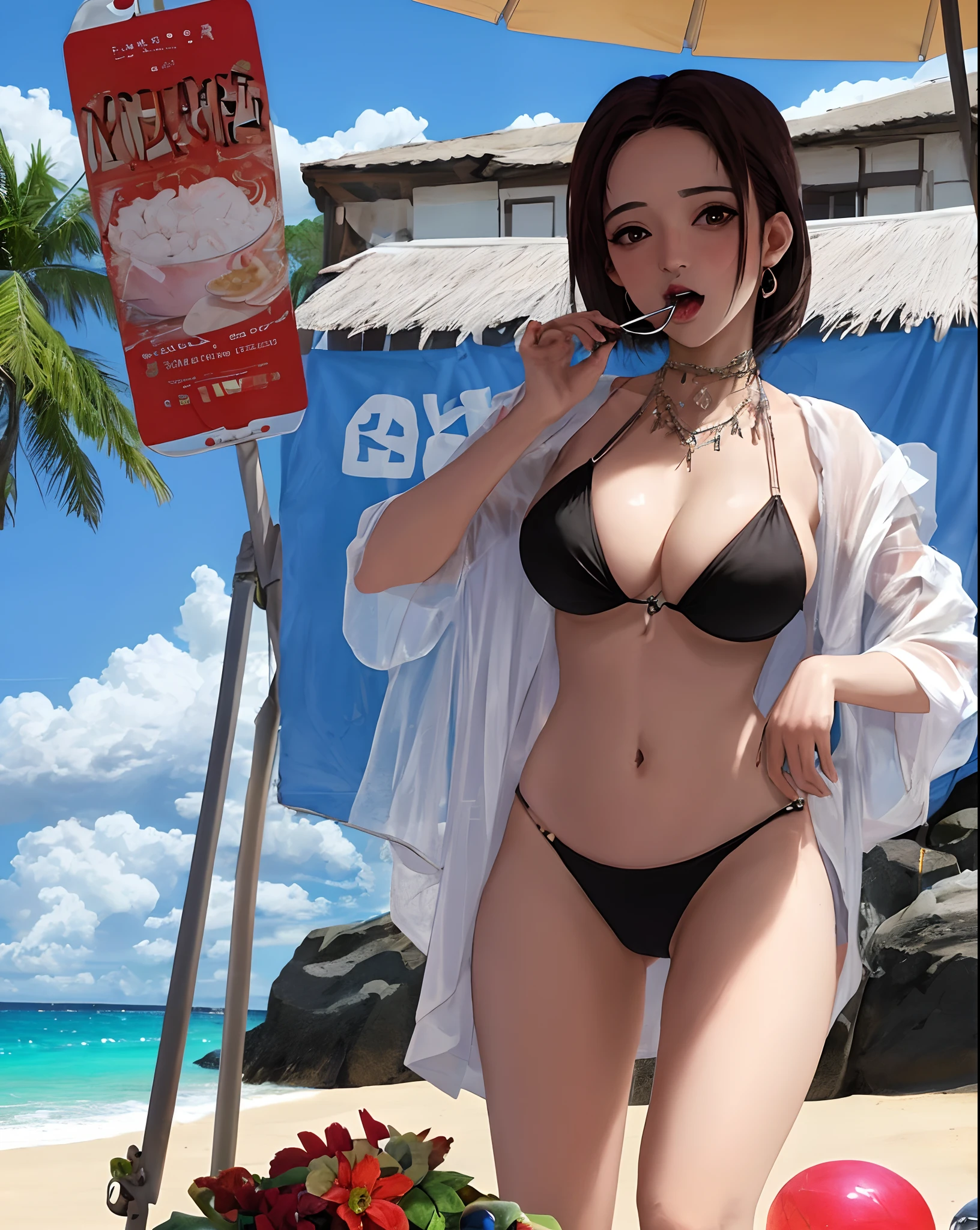 Mulher morena comendo um prayo de miojo na praia