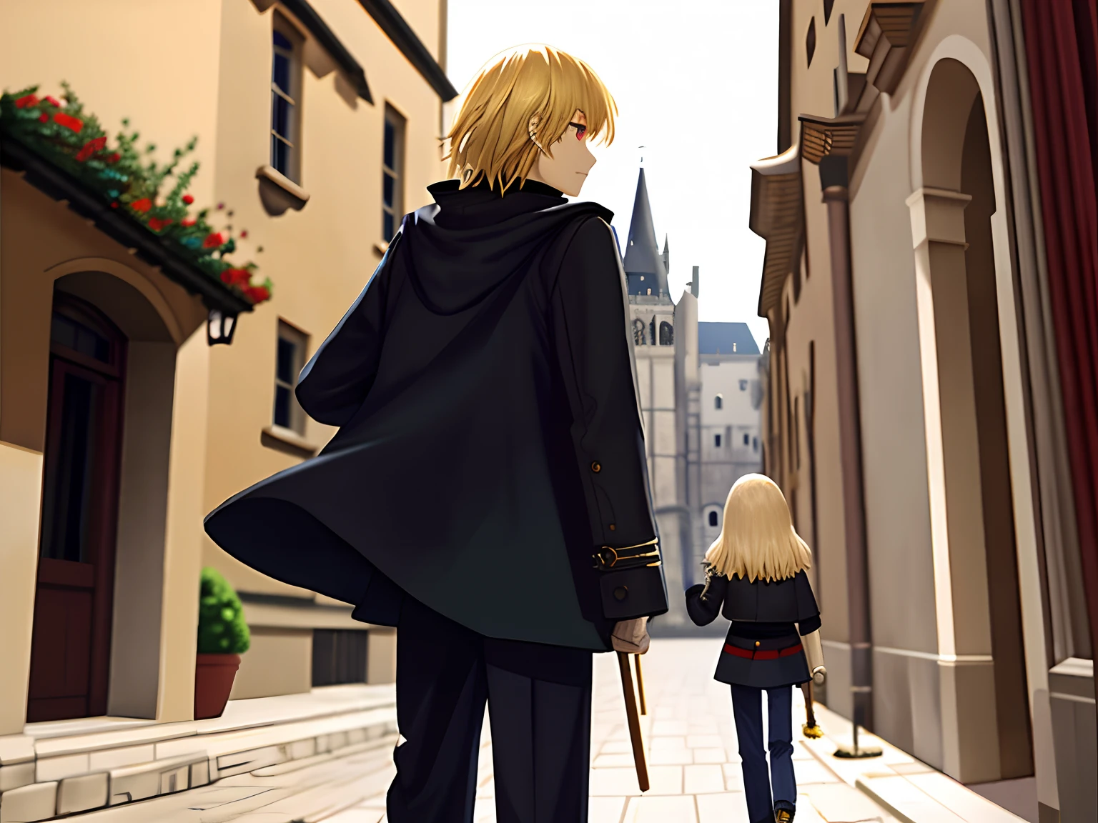best qualtiy，high detal，UC：realisticlying，Movie lighting Petite teenager with blonde hair and red eyes，Manteau，long trousers，Roof medieval building ，depth of fields，from back，full bodyesbian
