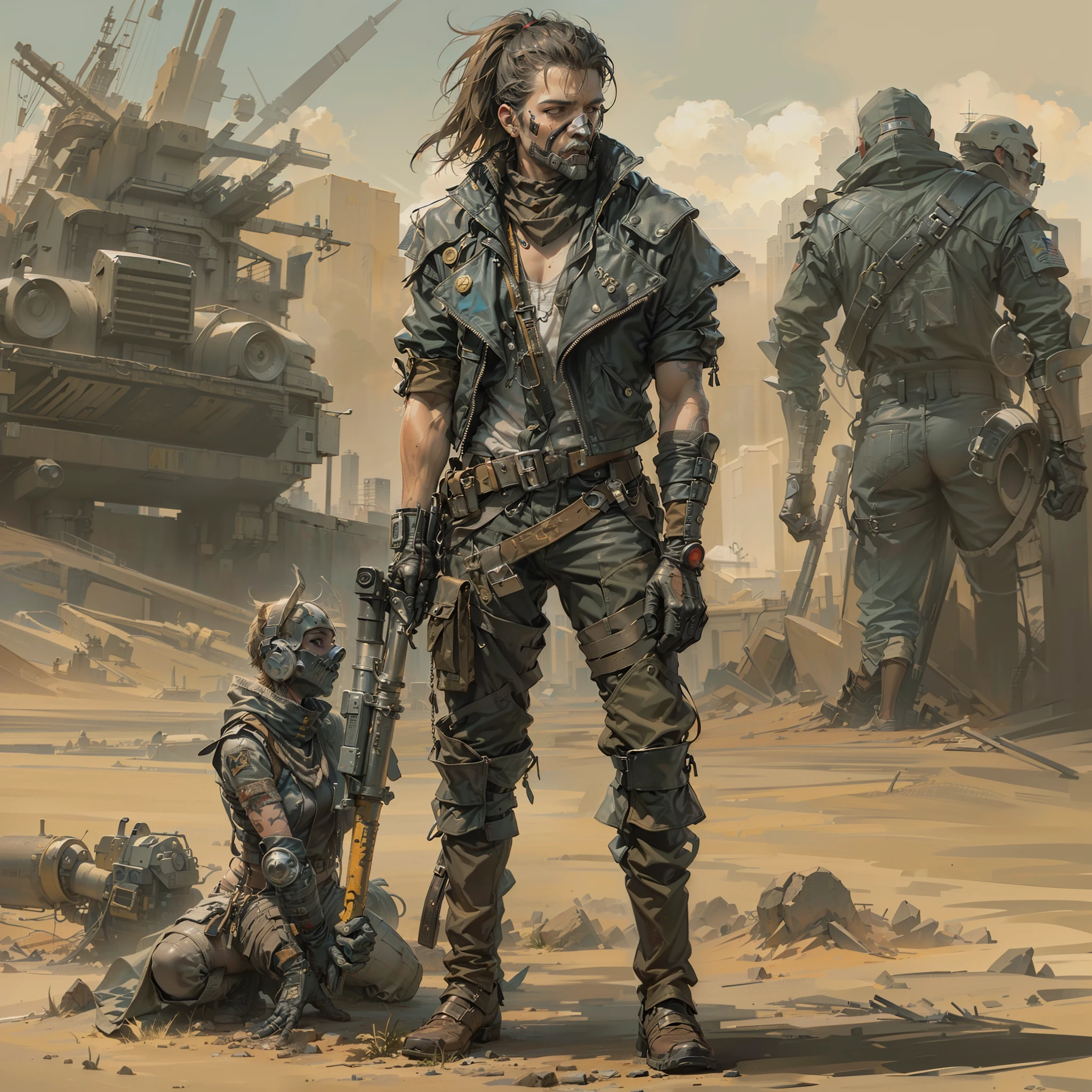 (((hombre, chico joven,,Ropa punk del desierto, Ropa Mad Max,Paramo clothing))), ropa , Abs, musculoso, atractivo, Pose ruda, Hay un hombre sosteniendo una pistola y una pistola en la mano, Mad Max con una pistola, concept art digital illustration, Estilo de arte dieselpunk, Post-apocalyptic explorer, illustration concept art, epic fantasy sci fi illustration, Arte conceptual digital de alta calidad, epic scifi character art, Symmetrical dieselpunk warrior, soldado dieselpunk, Arte conceptual de pintura digital,(((Estilo Borderlands))) cuerpo, ropa, , In a desolate wasteland,(((una caravana del desierto con soldados gritando y maldiciendo enfados)))