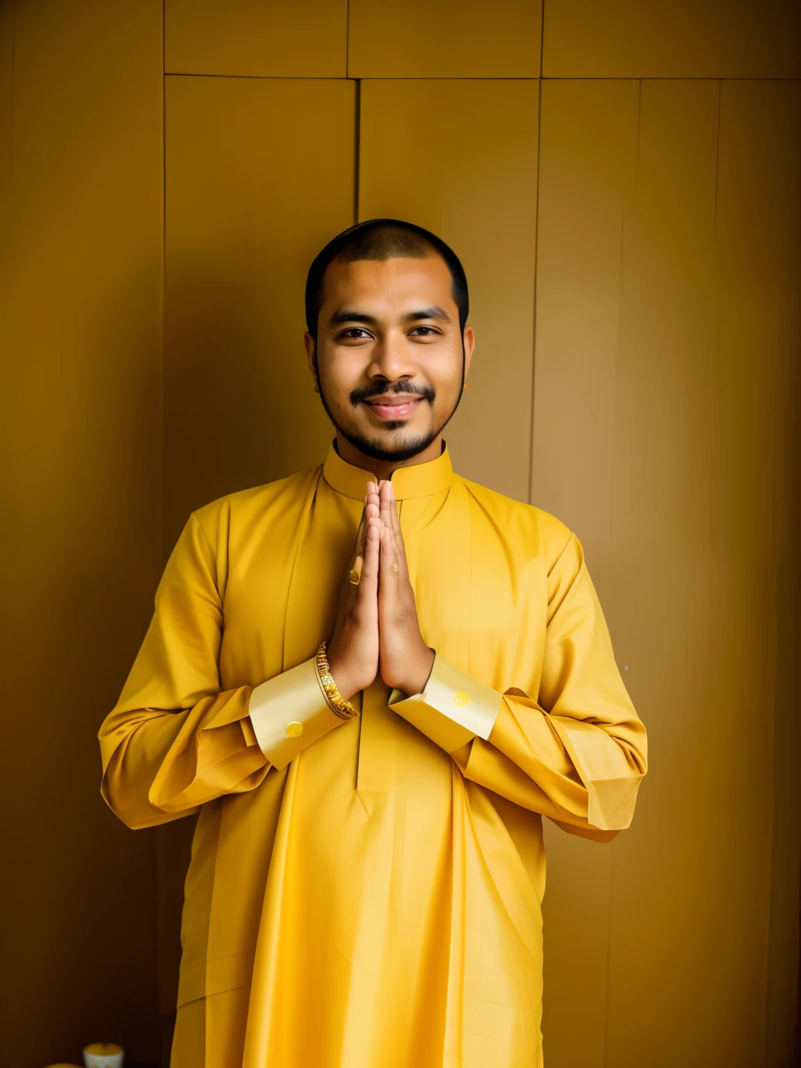 araffe man in yellow shirt standing with hands folded in prayer, in style of thawan duchanee, wearing traditional garb, nivanh chanthara, with yellow cloths, sukhothai costume, wearing a kurta, anjali mudra, thawan duchanee, full body picture of a male monk, profile picture 1024px