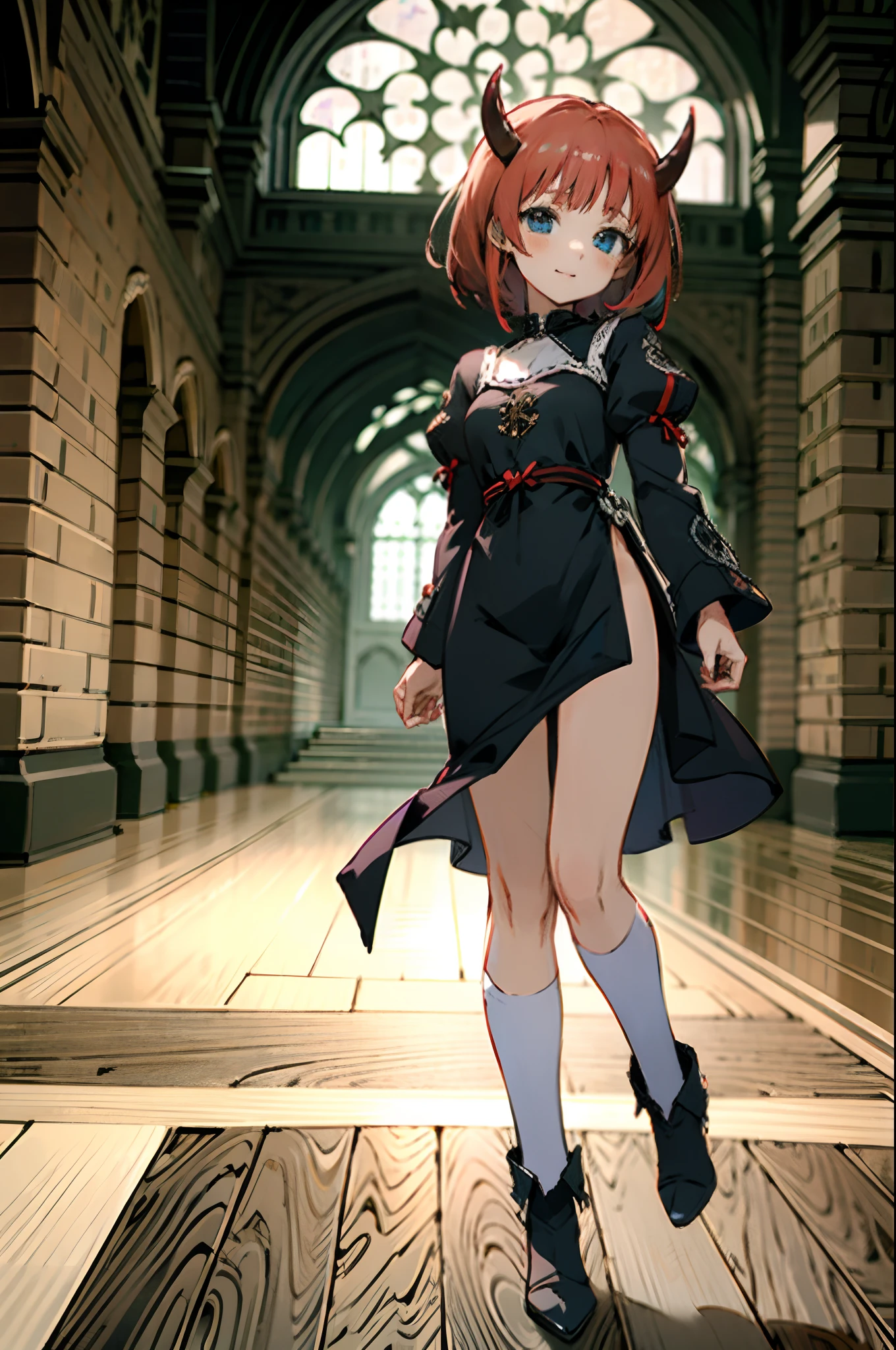 Anime girl with red short hair, black horns and blue eyes, wearing short medieval black beautifull dress, castle hall, medieval, old town, perfect face, cute face, ultrasharp, 8k, masterpiece, full body, seductive girl,