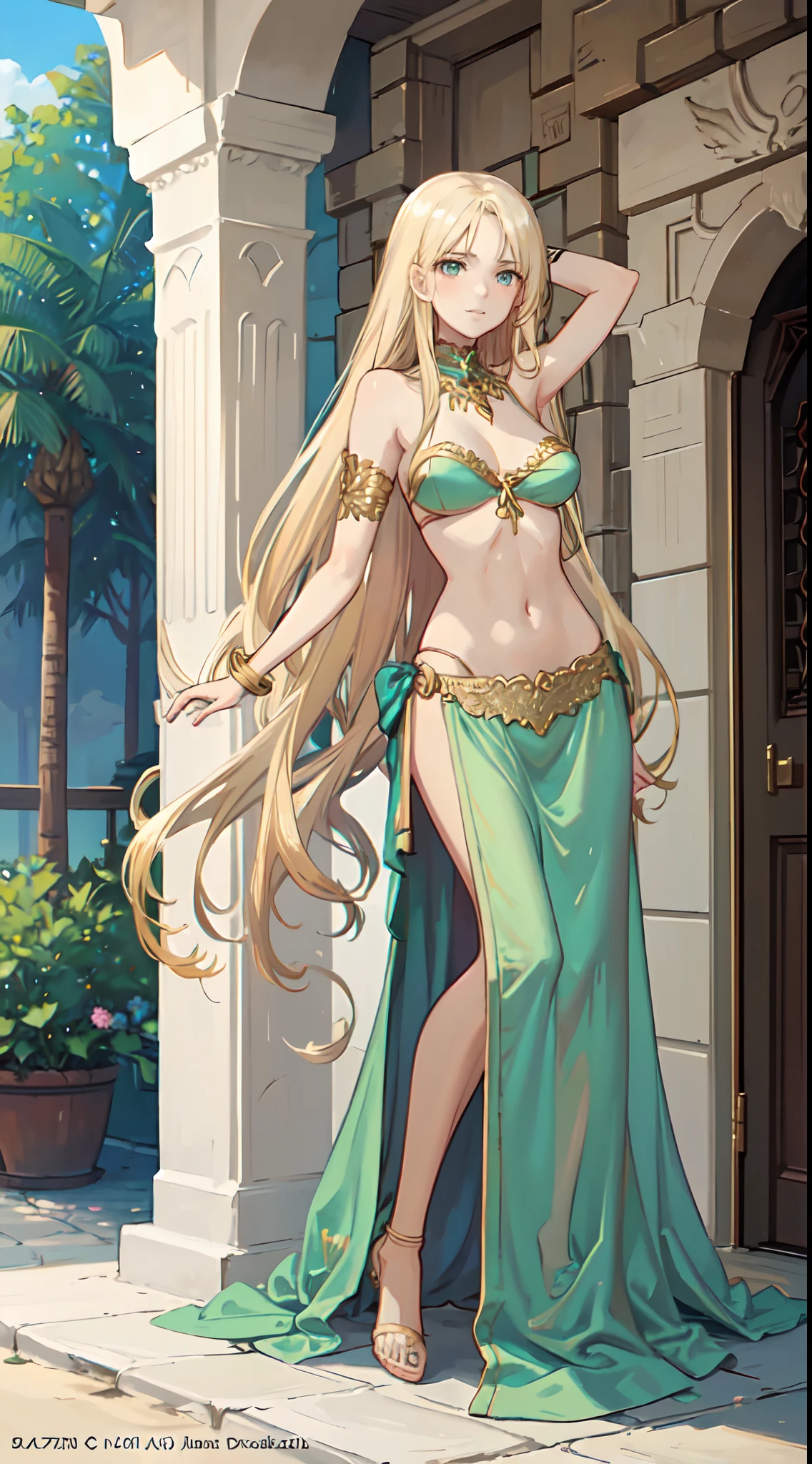 blonde hair, long hair, green eyes, with slender legs and an enticing beach pose, wearing a elegant red gown that shows off her navel, resembling an Arabian belly dancer. She has a short trimmed skirt and her flowing blonde hair is styled in a side ponytail. Her captivating blue eyes exude happiness, while her outfit highlights her alluring cleavage, happy