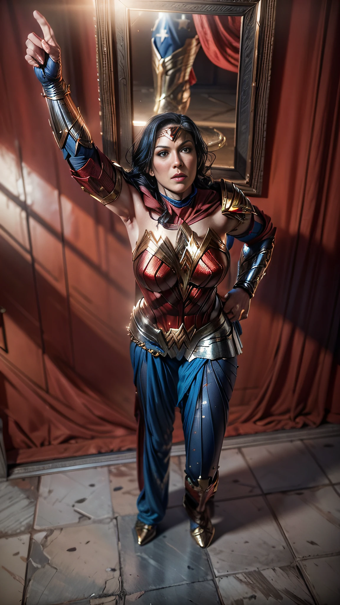 wonder woman, red and blue armor, photography, soft lighting, soft details, octane, artstation trending, ultra high detail, ultra realistic, cinematic,16k