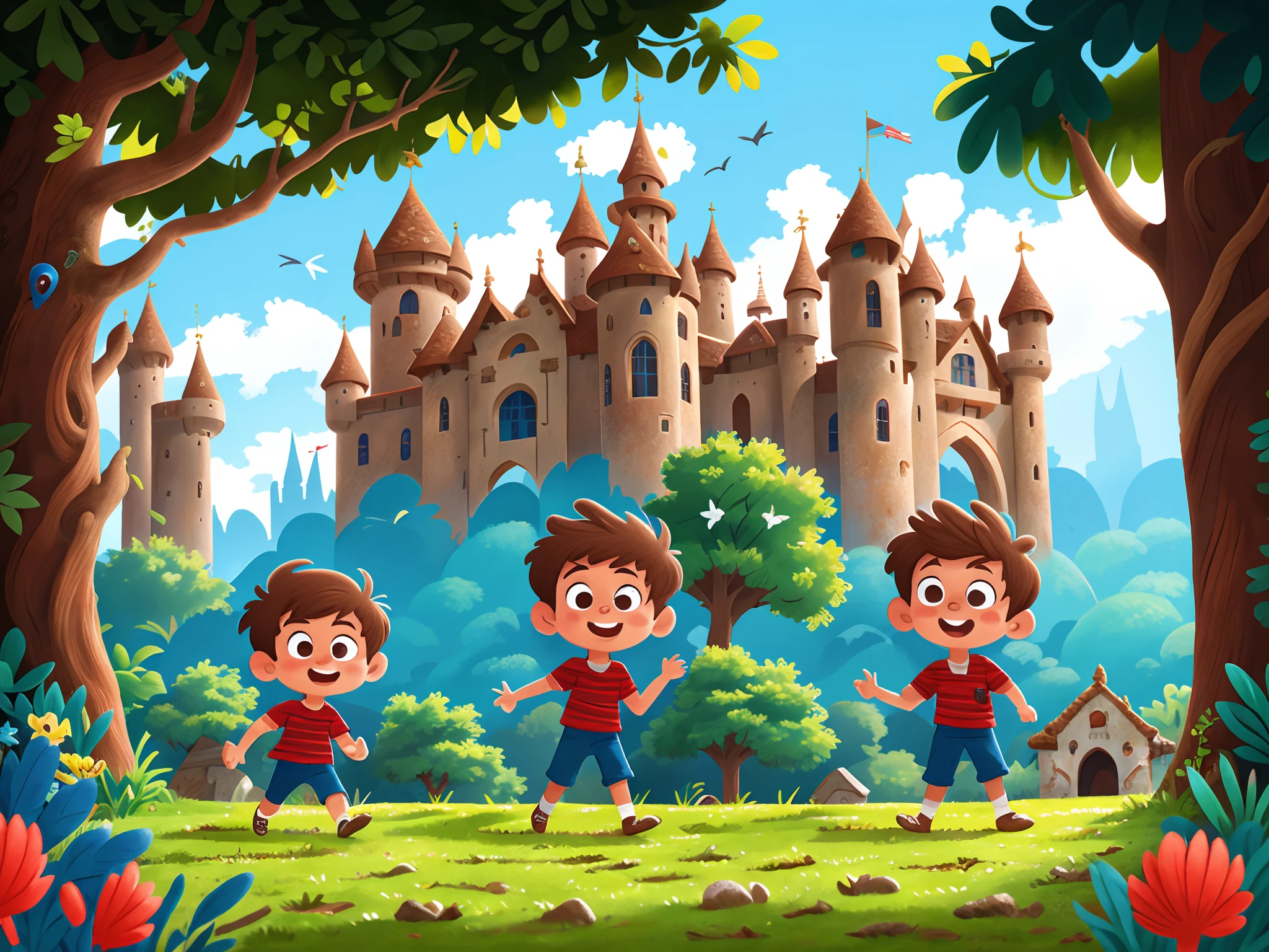 boy with brown hair and blue eyes, exploring a castle