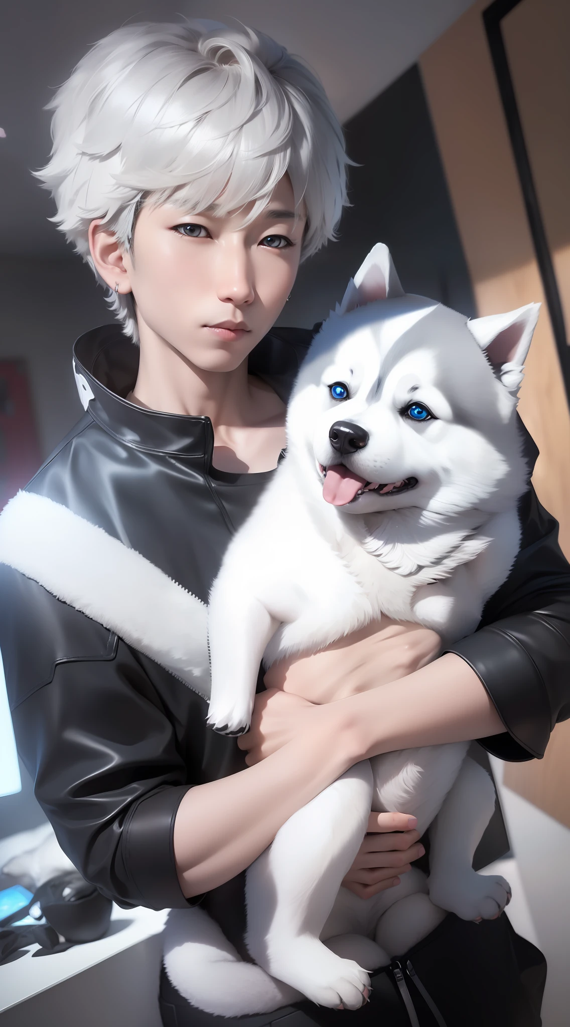 1boy holding a husky，8K，Realistis，tmasterpiece，solo person，hyper-high detail，Short gray fluffy hair，Reallightandshadow，Environmental masking，