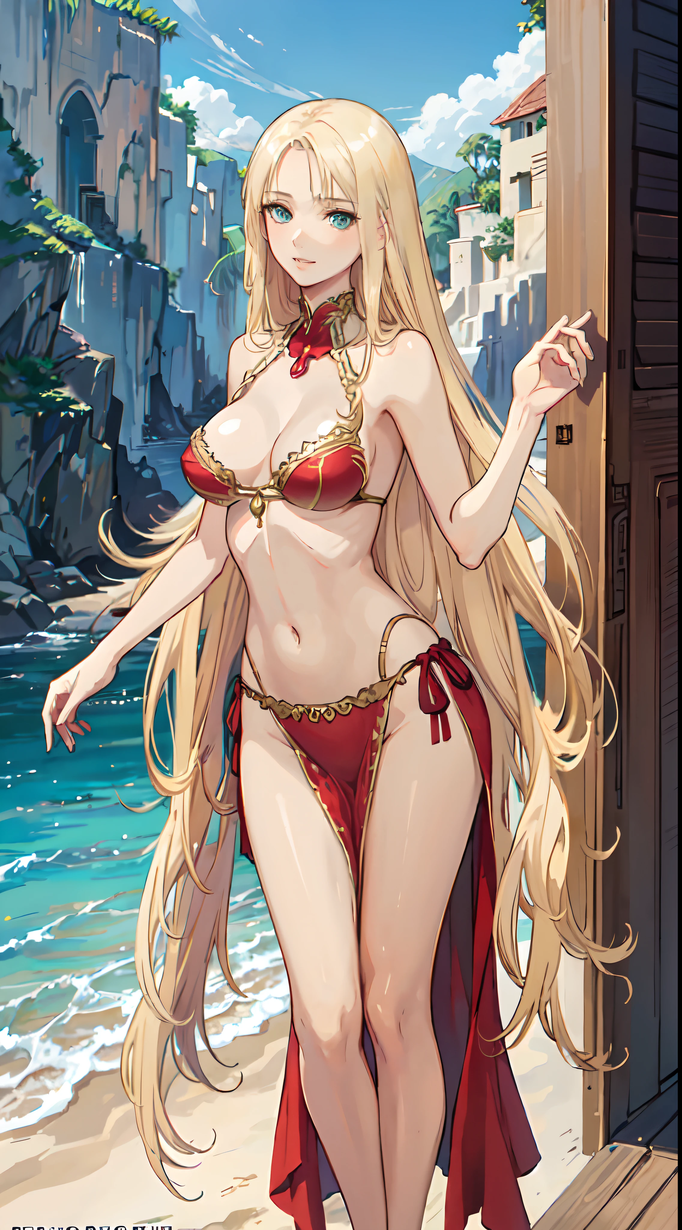 blonde hair, long hair, green eyes, with slender legs and an enticing beach pose, wearing a elegant red gown that shows off her navel, resembling an Arabian belly dancer. She has a short trimmed skirt and her flowing blonde hair is styled in a side ponytail. Her captivating blue eyes exude happiness, while her outfit highlights her alluring cleavage, happy