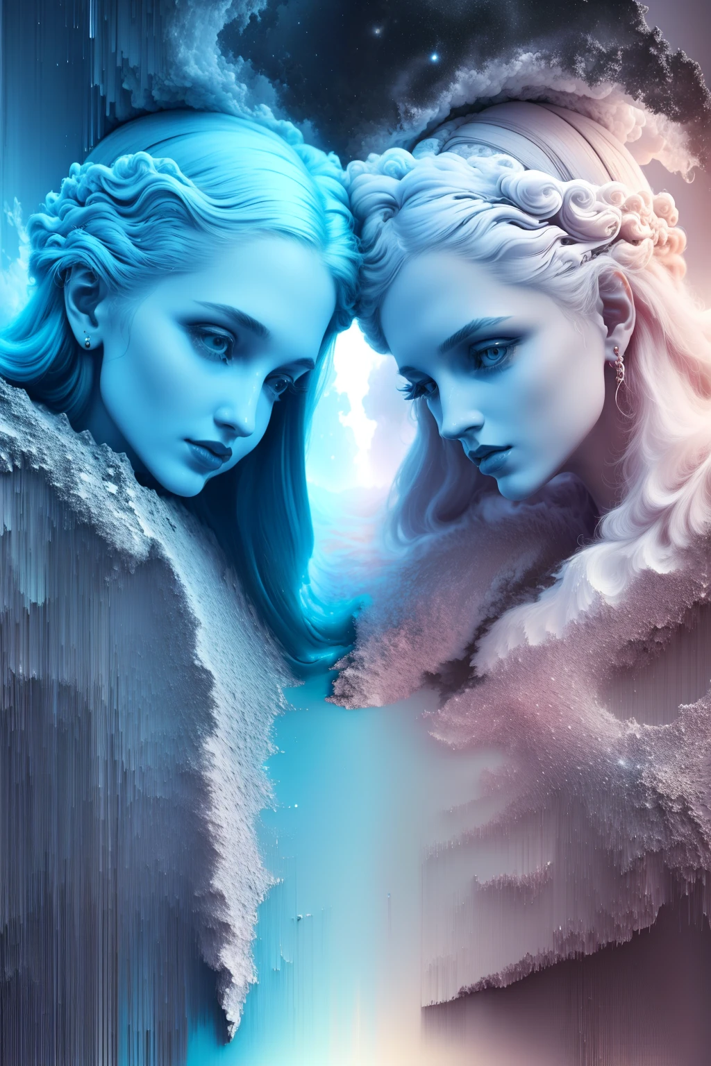 pixel sorting, very pretty twins in parallel universe emerged in eternal tera stream of everlasting data flowing through infinite light dispersion loop in the world of chaotic undulation optical illusions, celestial outerworld, lut, hdr, dramatic light, digital art, redshift render, raytraced image, behance hd
